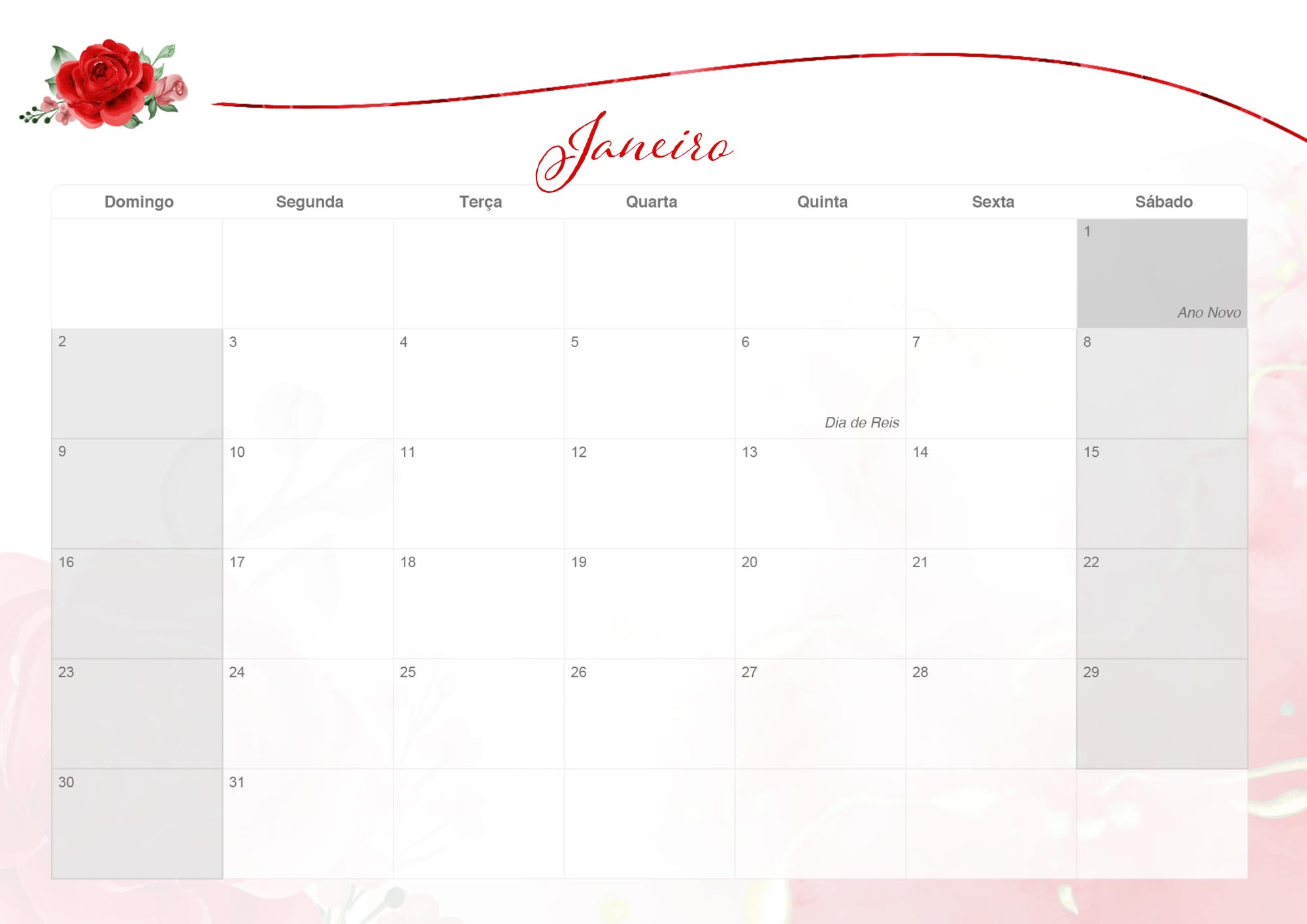 Calendario Mensal 2022 Rosas Vermelhas Janeiro