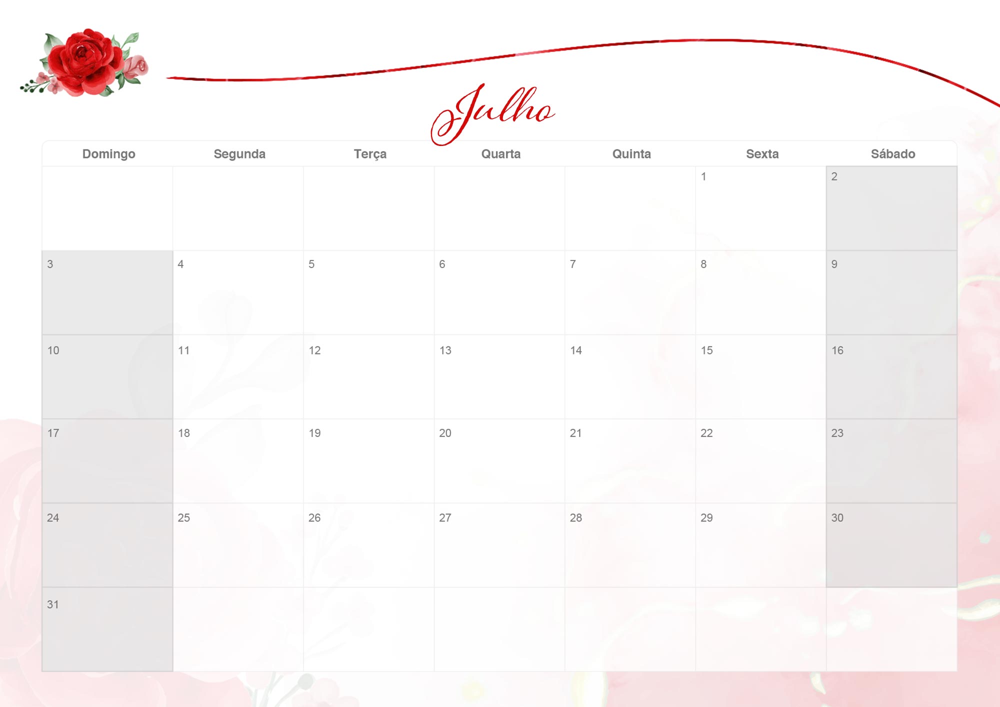Calendario Mensal 2022 Rosas Vermelhas Julho