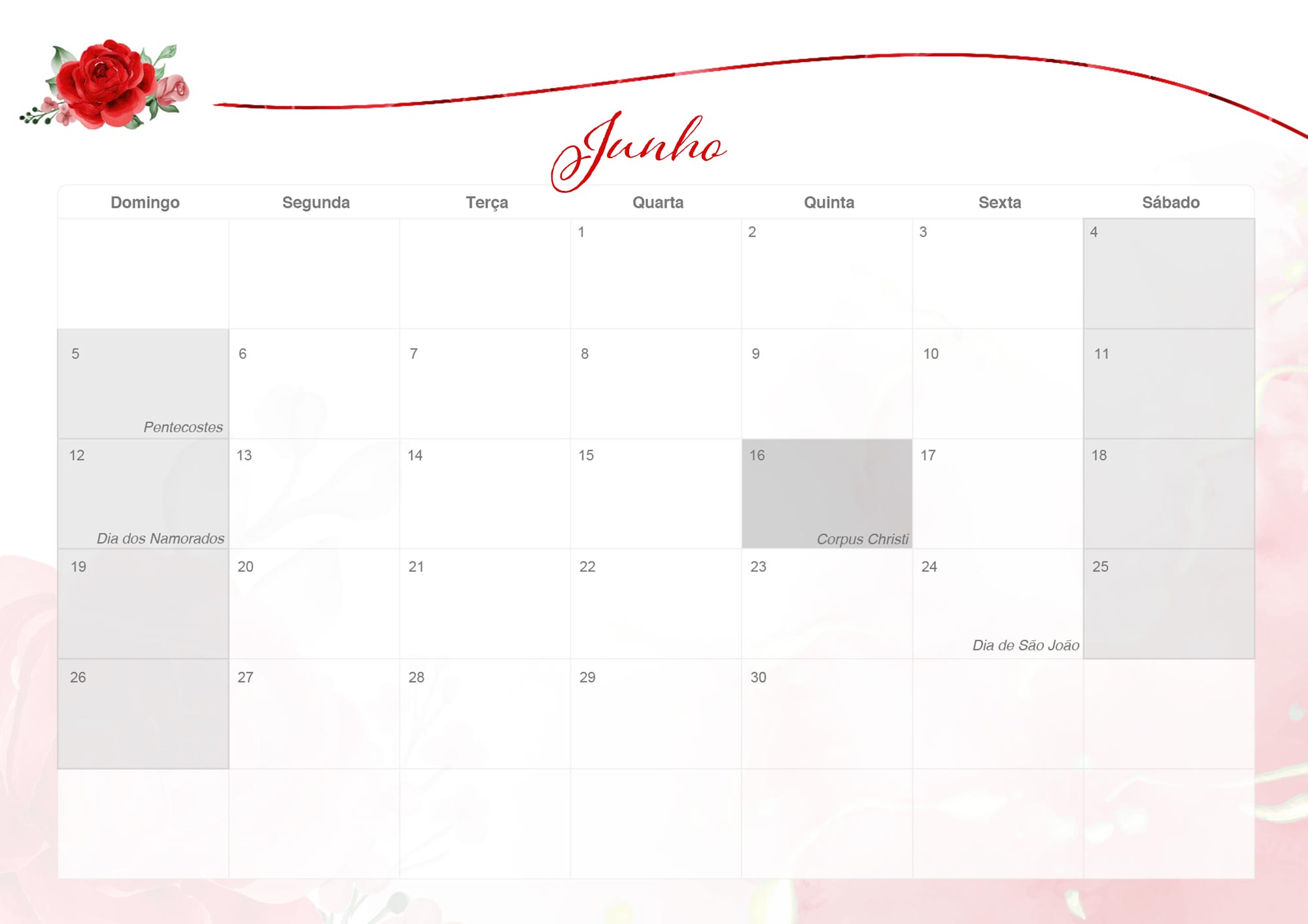 Calendario Mensal 2022 Rosas Vermelhas Junho