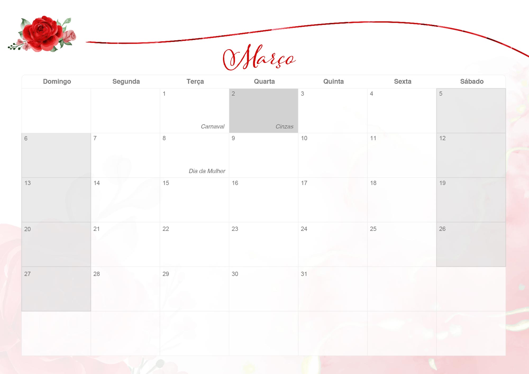 Calendario Mensal 2022 Rosas Vermelhas Marco