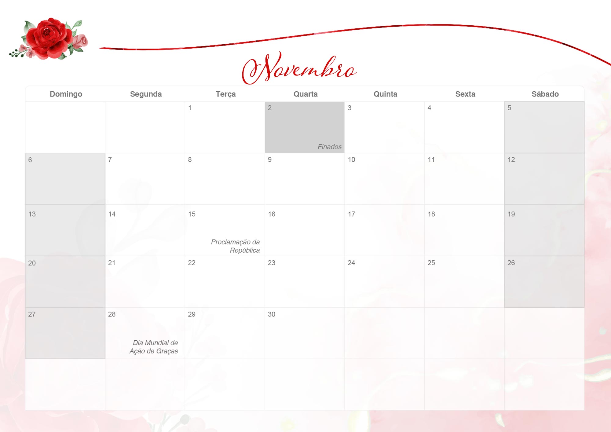 Calendario Mensal 2022 Rosas Vermelhas Novembro