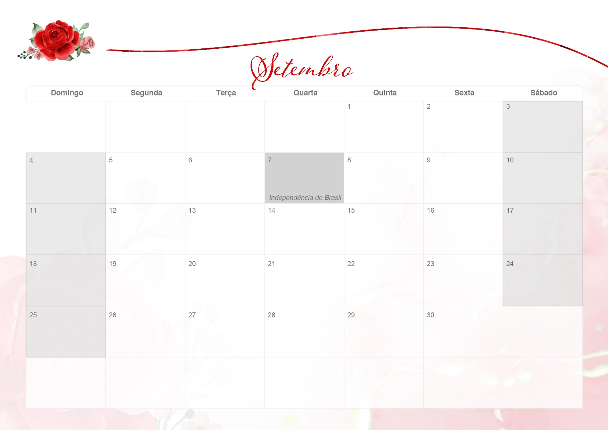 Calendario Mensal 2022 Rosas Vermelhas Setembro