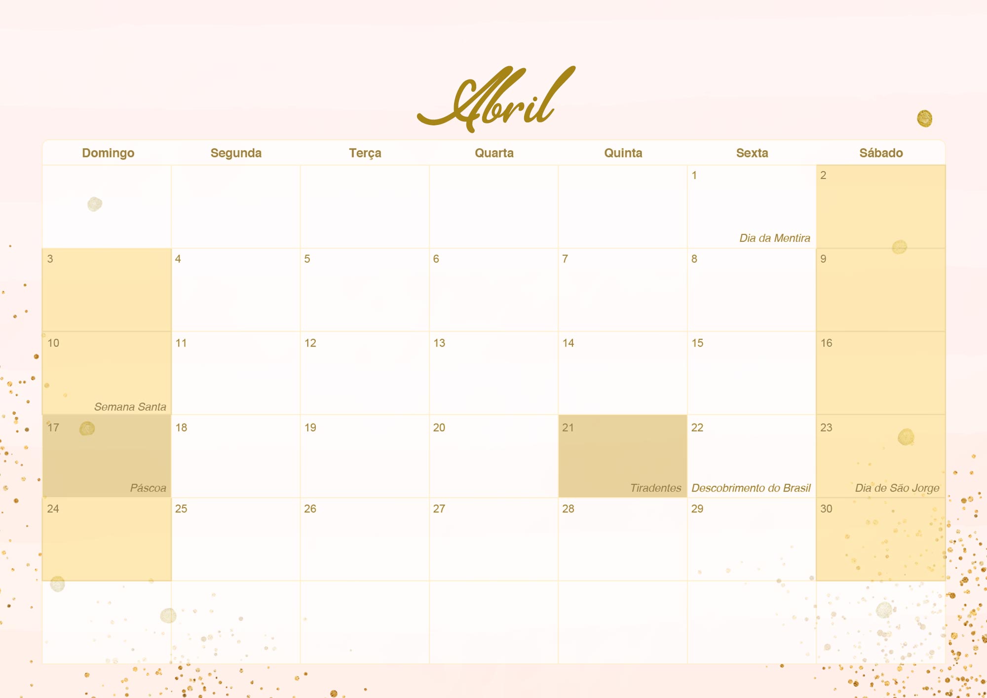 Calendario Mensal 2022 Rose Gold Abril
