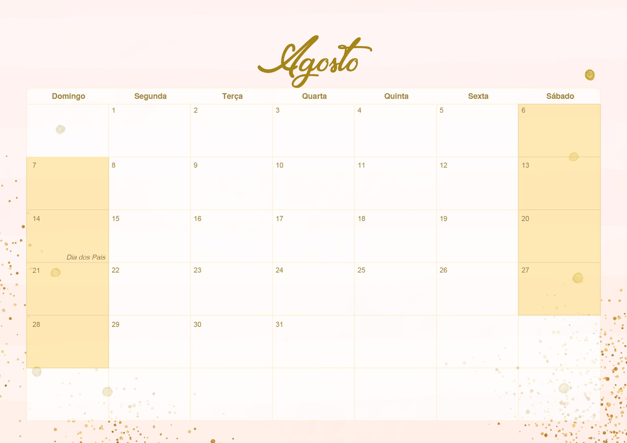 Calendario Mensal 2022 Rose Gold Agosto