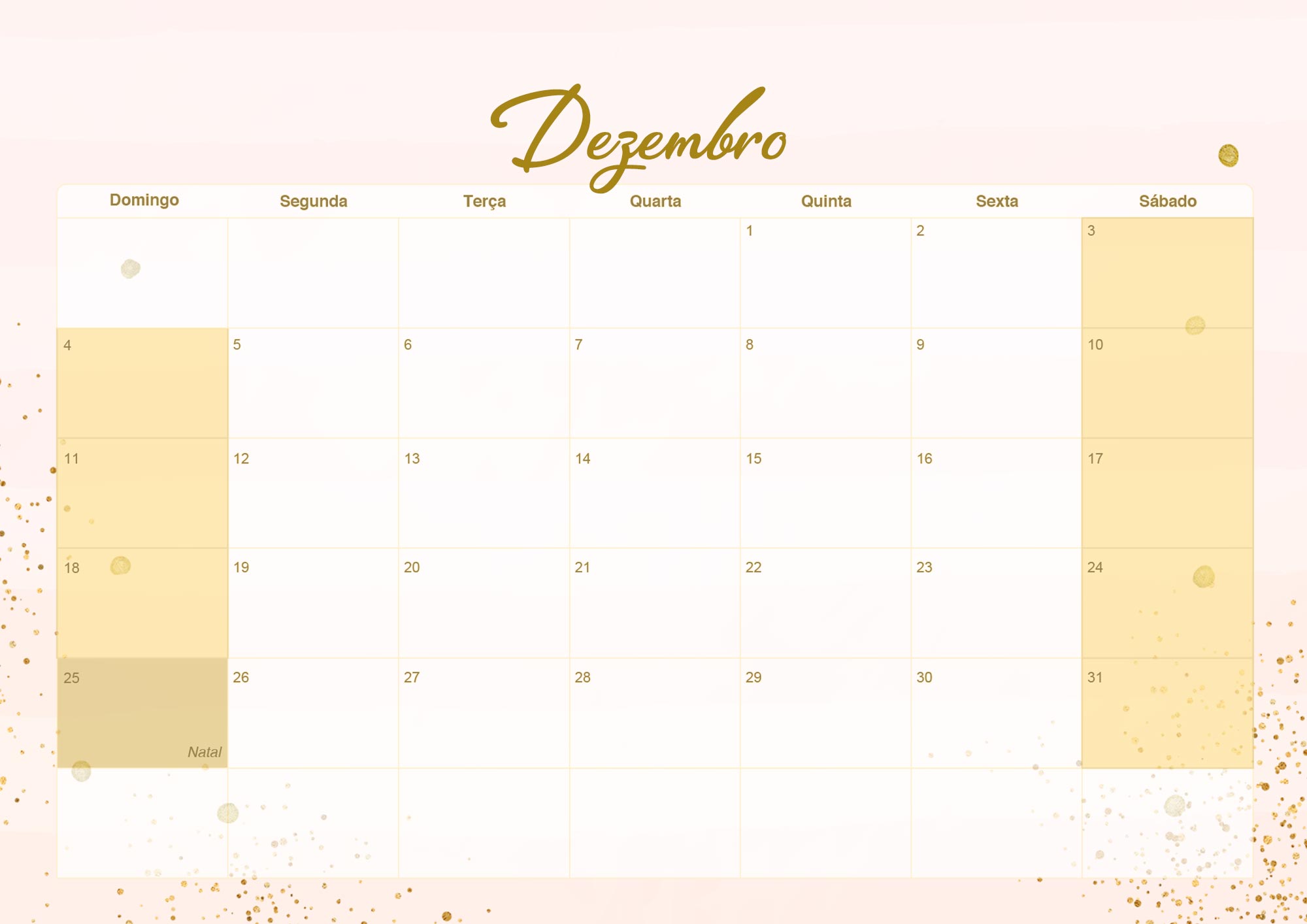 Calendario Mensal 2022 Rose Gold Dezembro