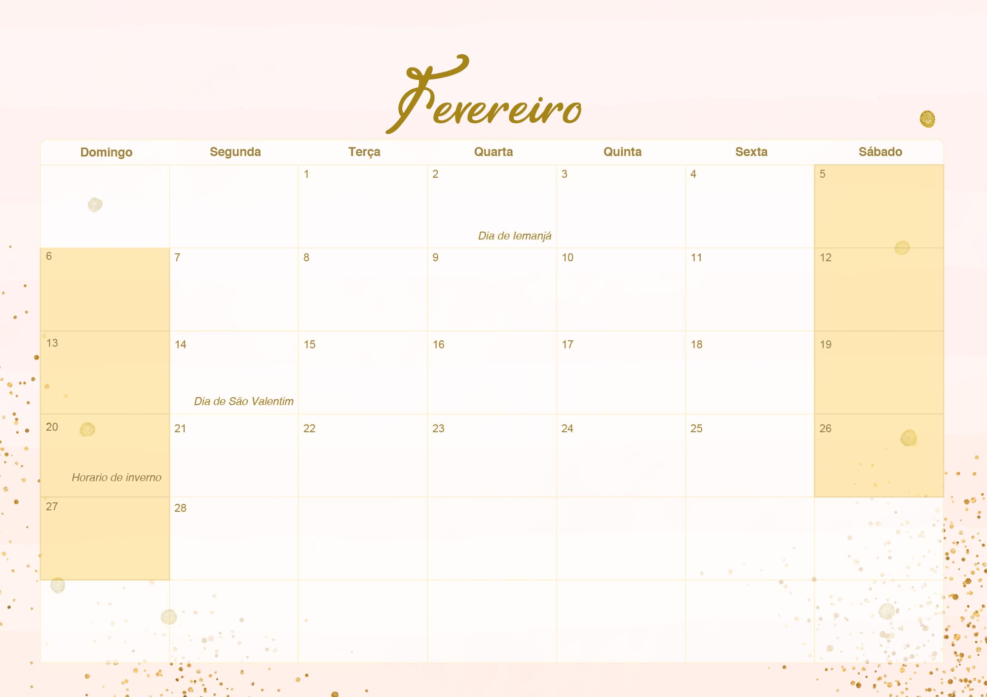 Calendario Mensal 2022 Rose Gold Fevereiro