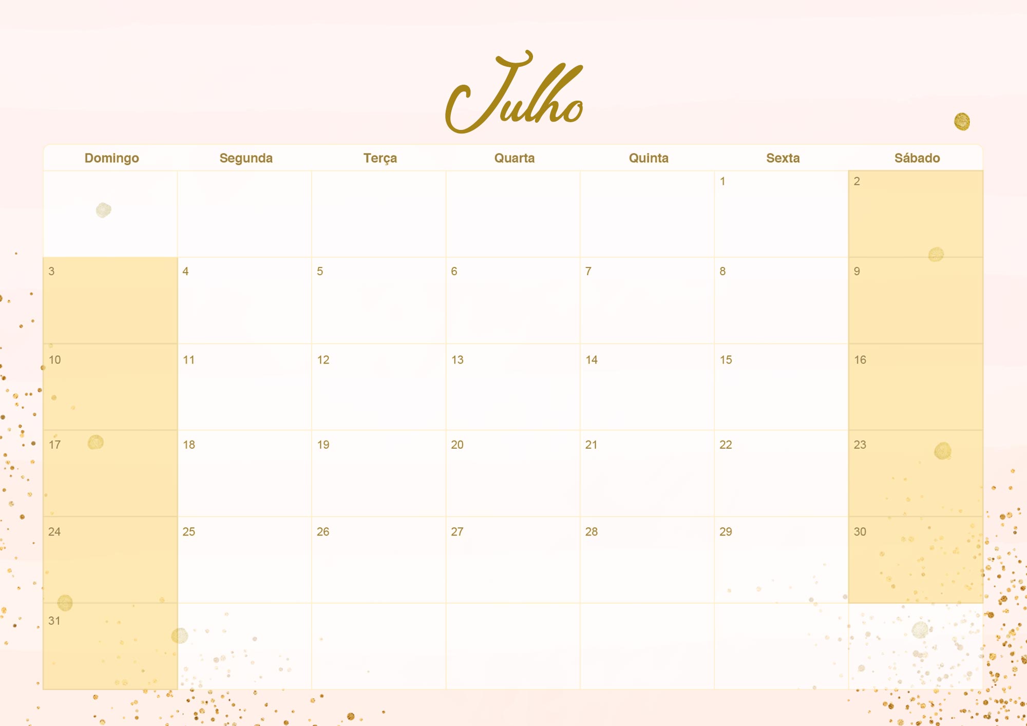Calendario Mensal 2022 Rose Gold Julho