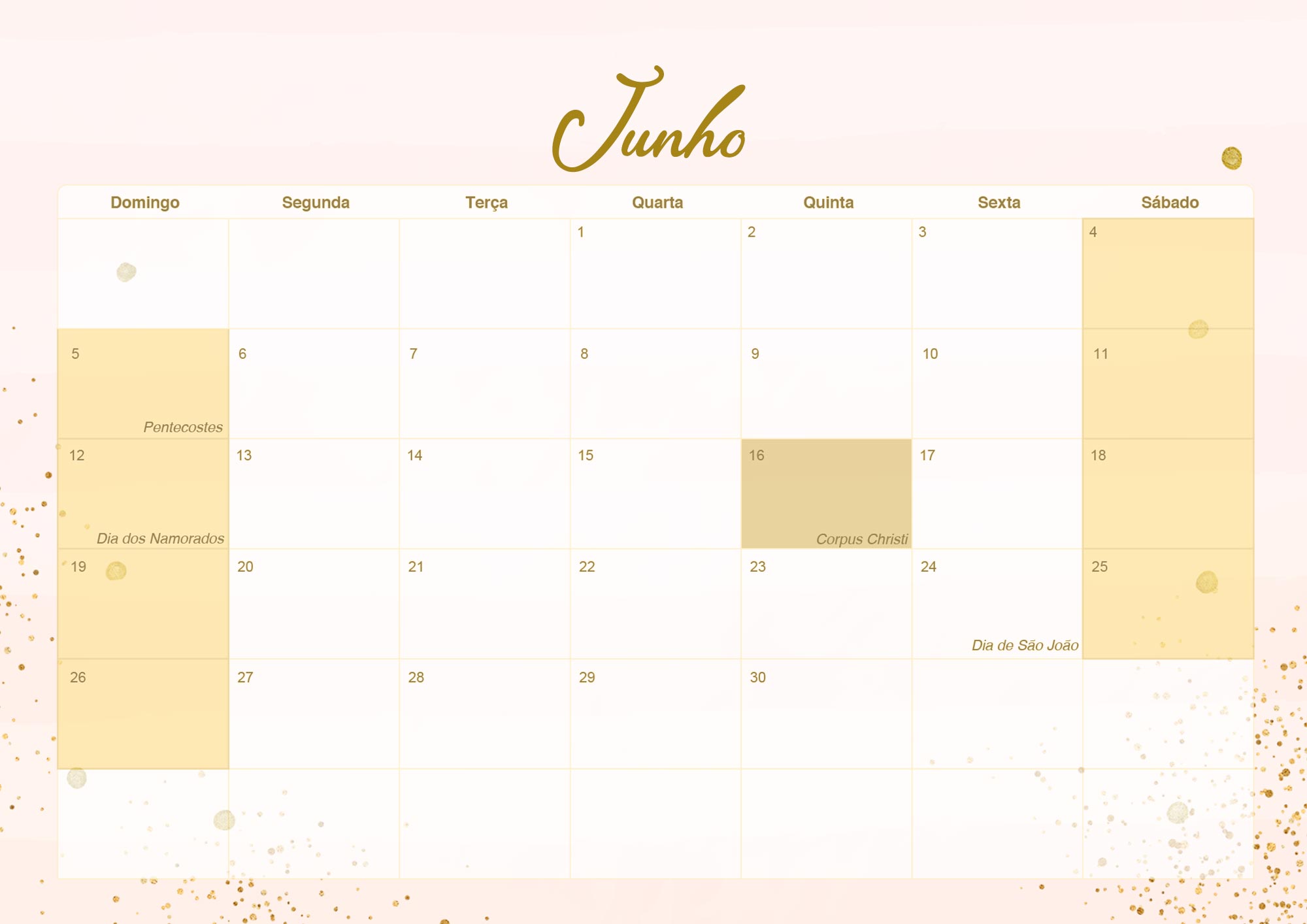 Calendario Mensal 2022 Rose Gold Junho