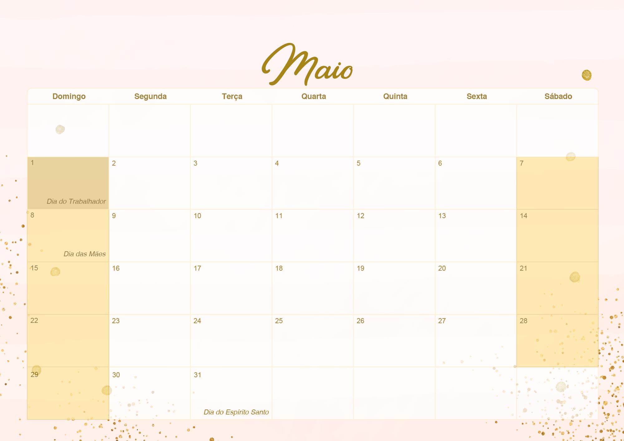 Calendario Mensal 2022 Rose Gold Maio