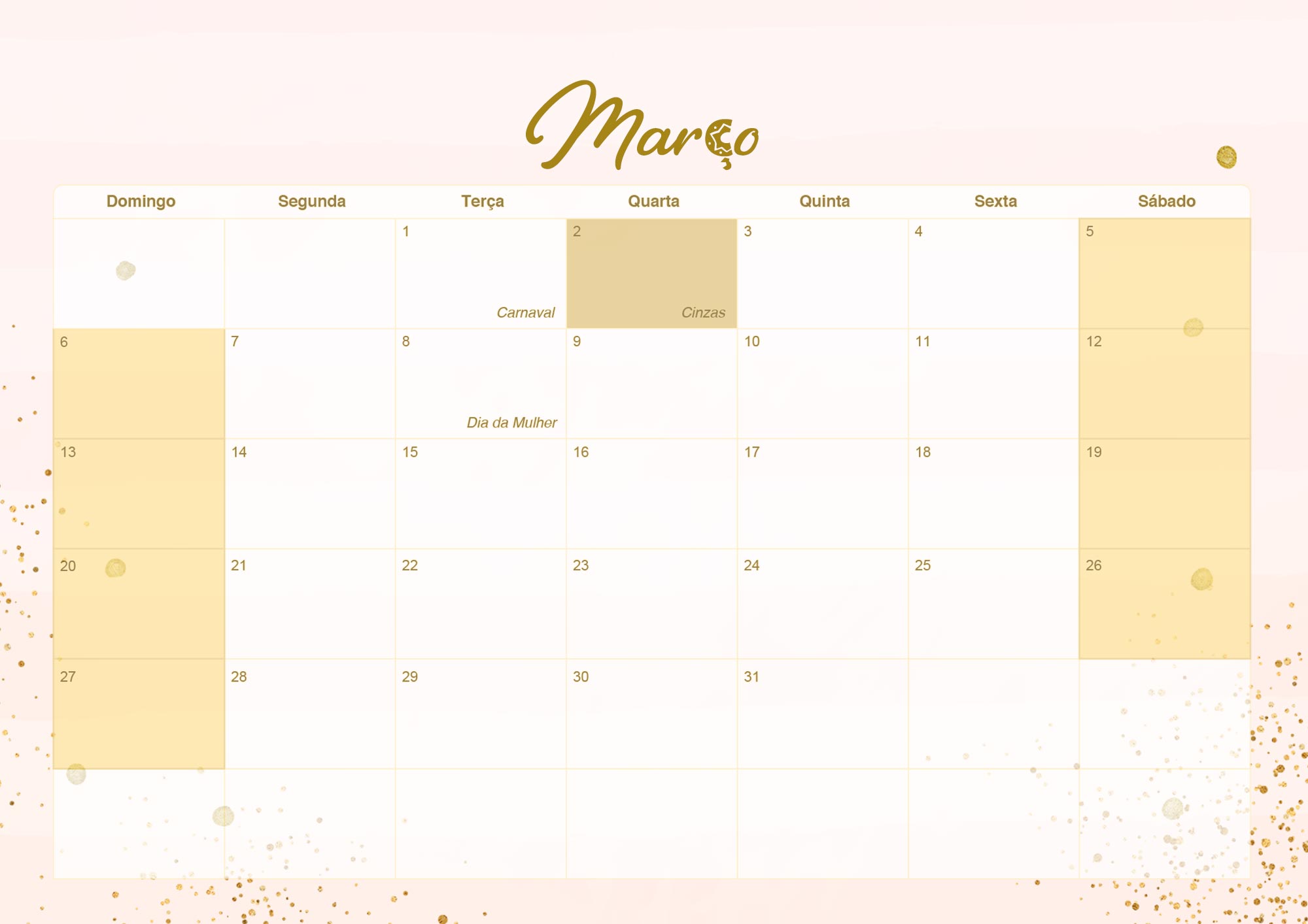 Calendario Mensal 2022 Rose Gold Marco