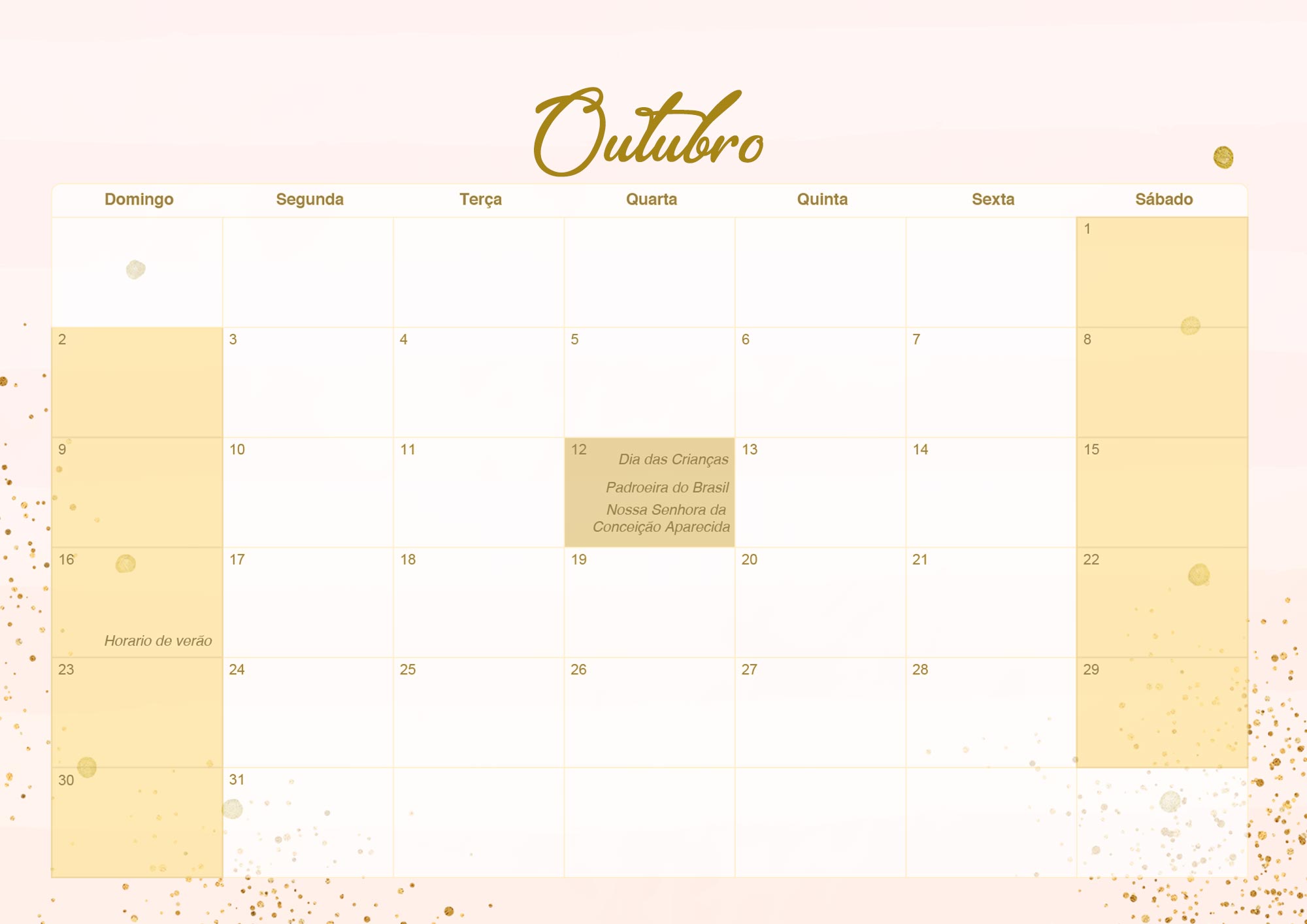 Calendario Mensal 2022 Rose Gold Outubro