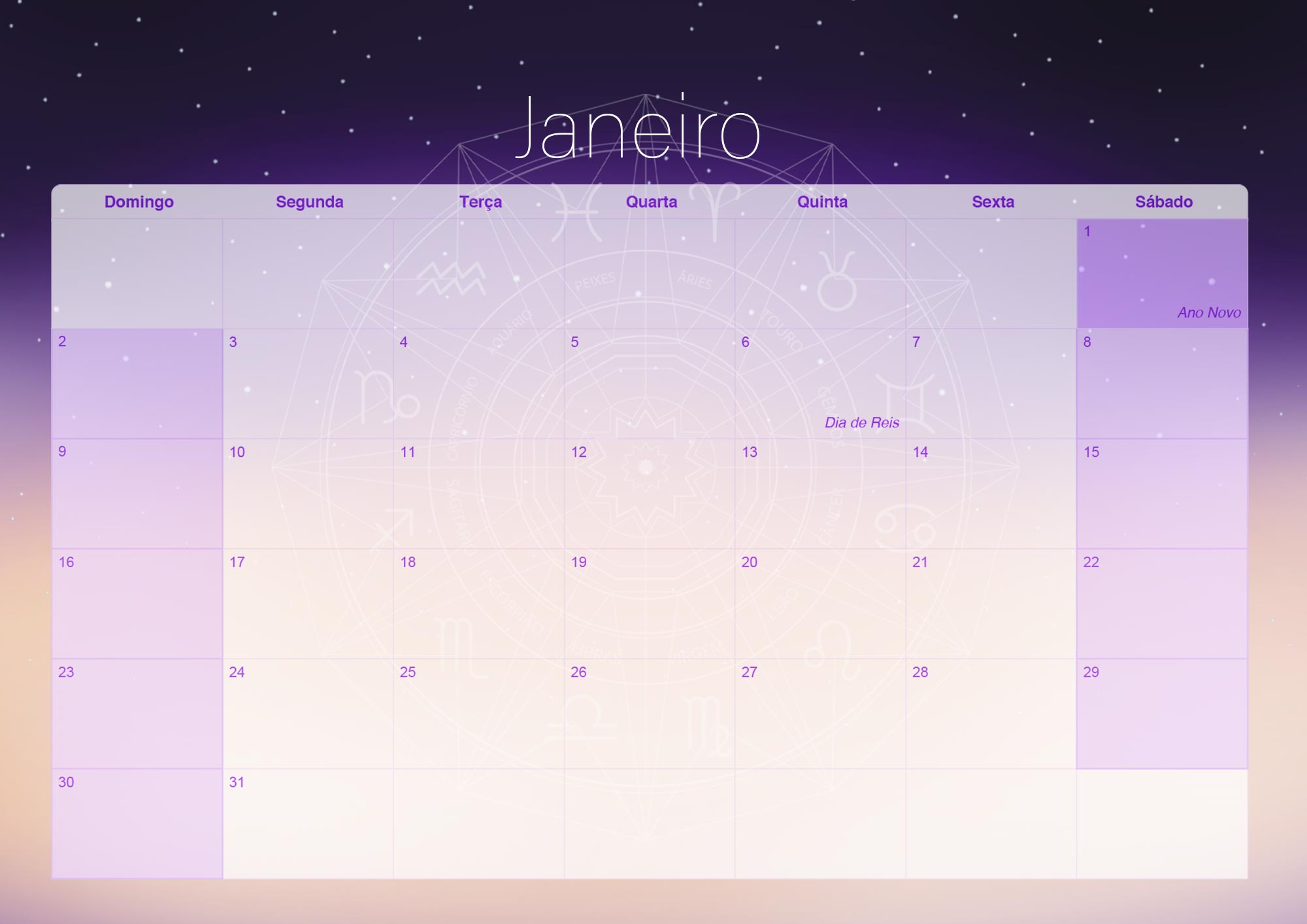 Calendario Mensal 2022 para Imprimir Signos Janeiro