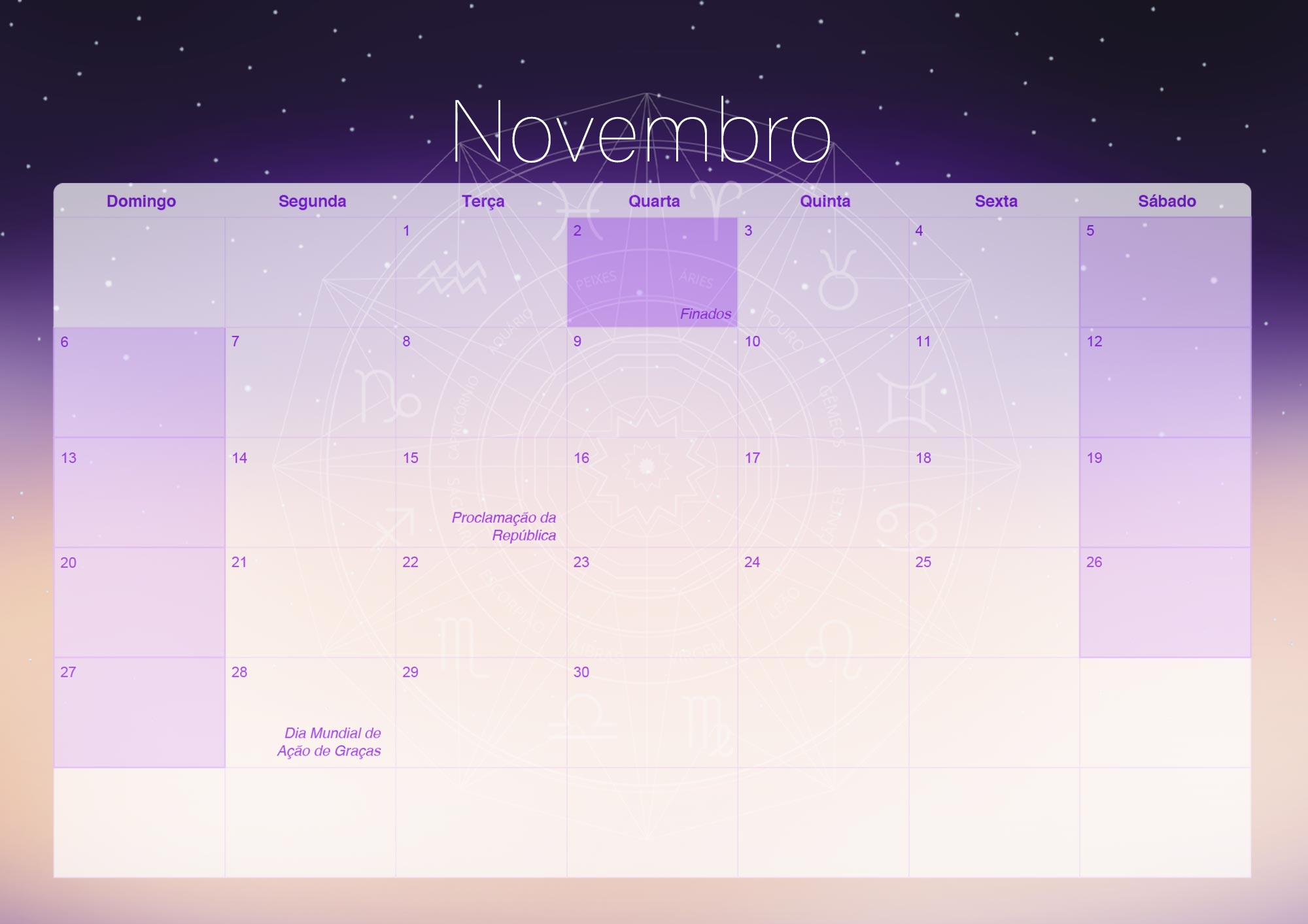Calendario Mensal 2022 Signos Novembro