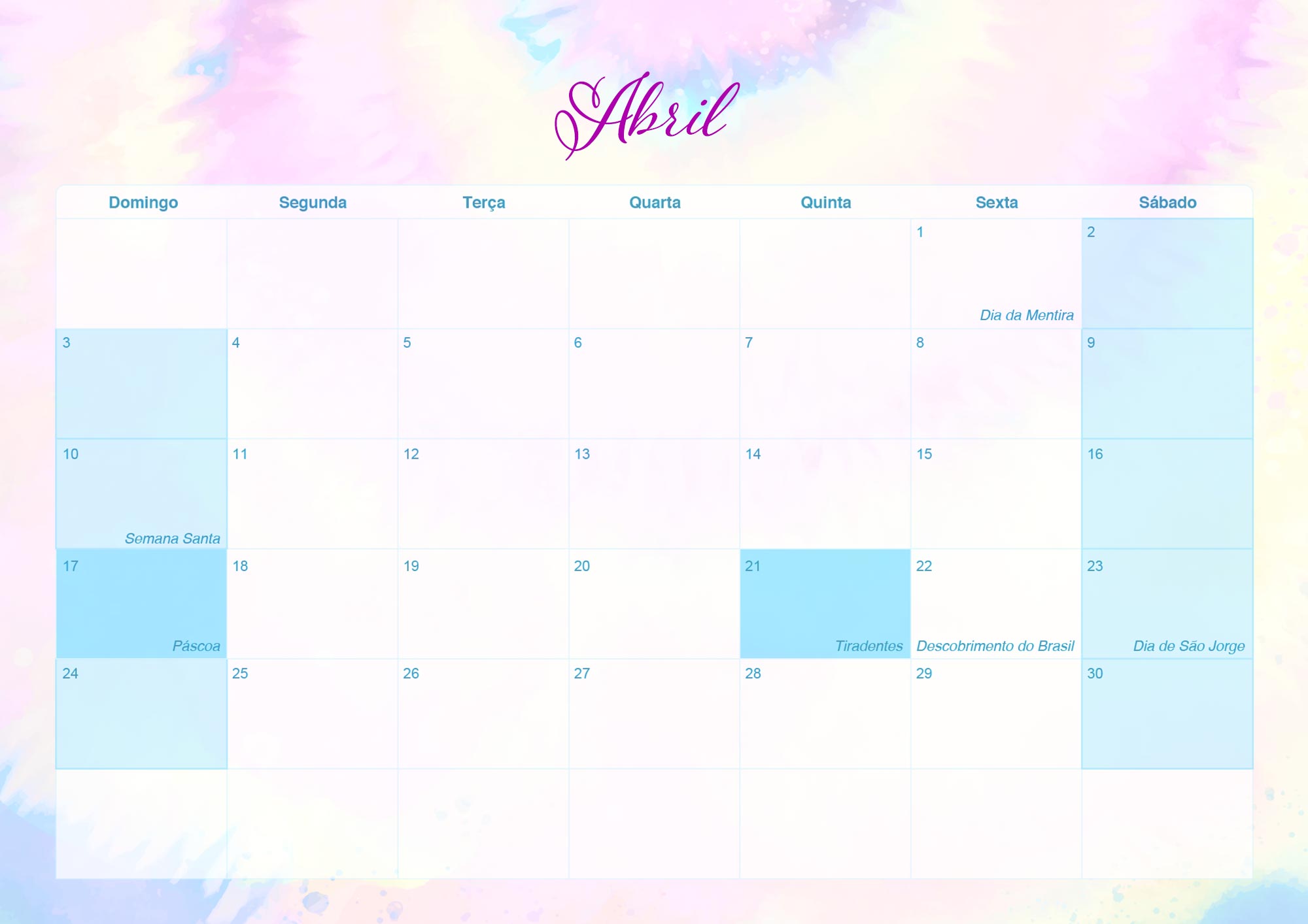 Calendario Mensal 2022 Tie Dye Abril