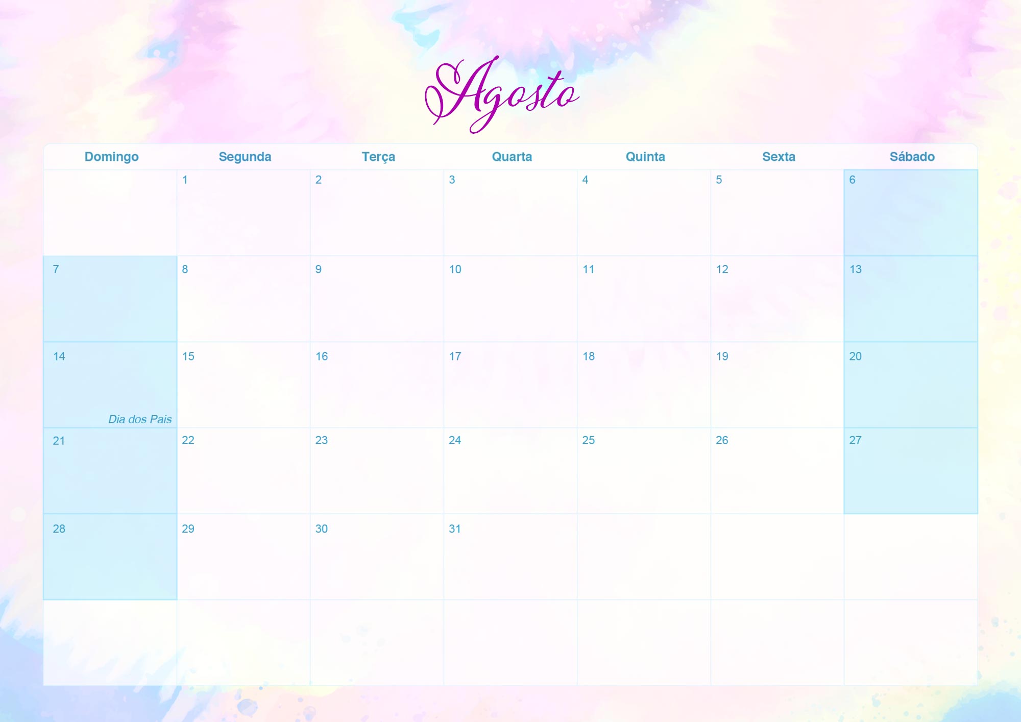 Calendario Mensal 2022 Tie Dye Agosto