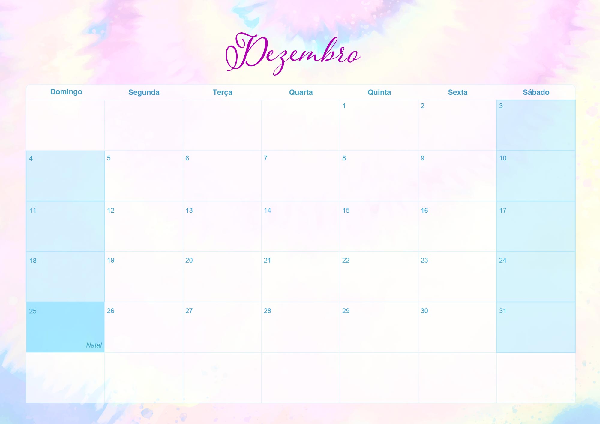 Calendario Mensal 2022 Tie Dye Dezembro
