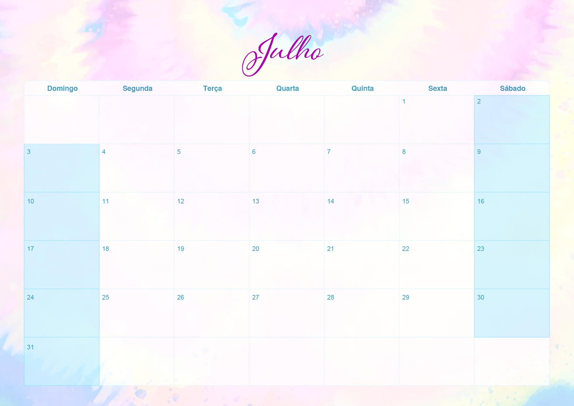 Calendario Mensal 2022 Tie Dye Julho