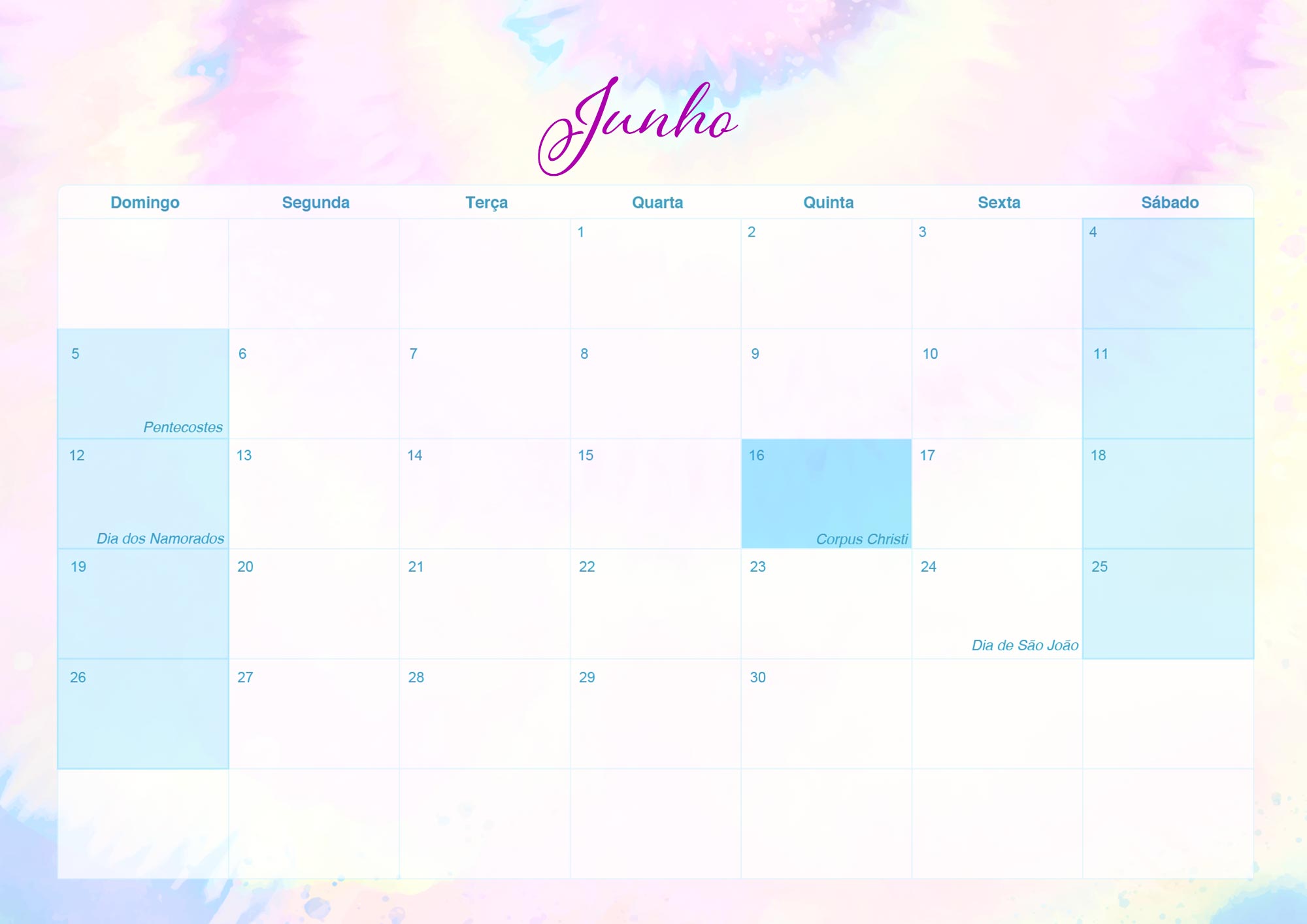 Calendario Mensal 2022 Tie Dye Junho