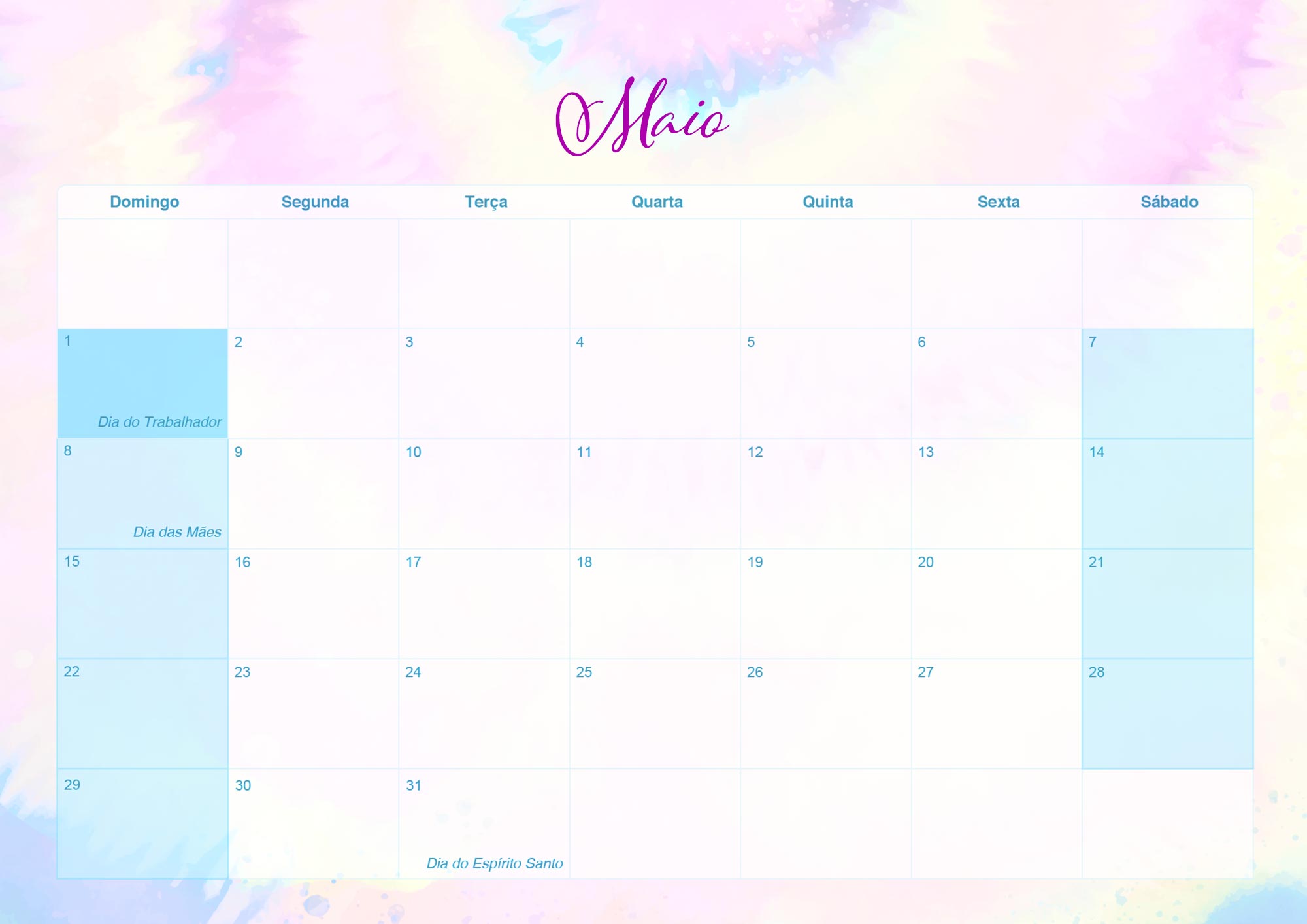 Calendario Mensal 2022 Tie Dye Maio