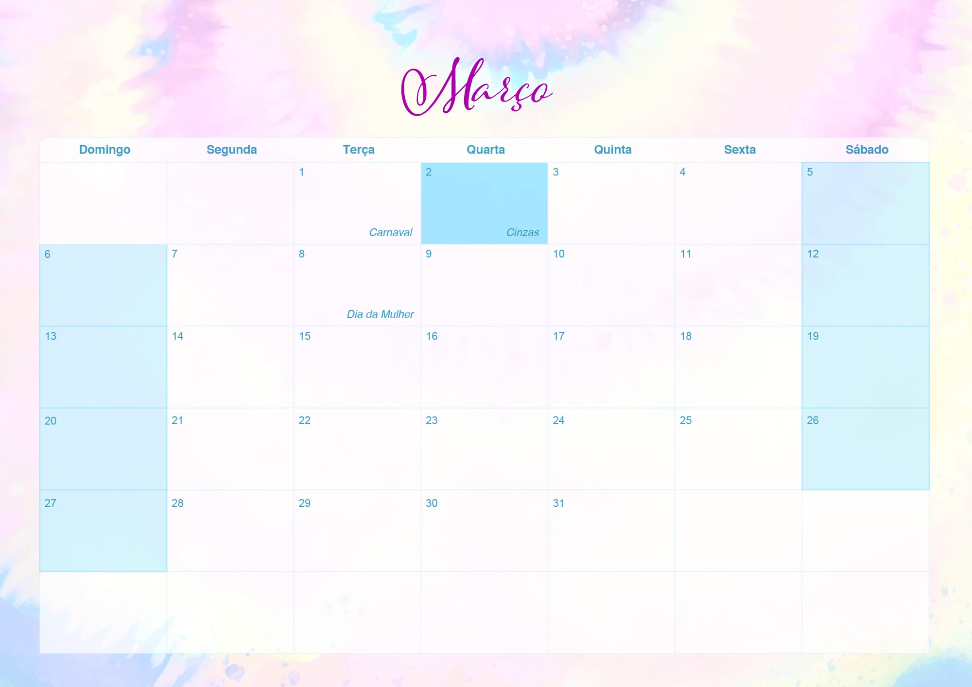 Calendario Mensal 2022 Tie Dye Marco