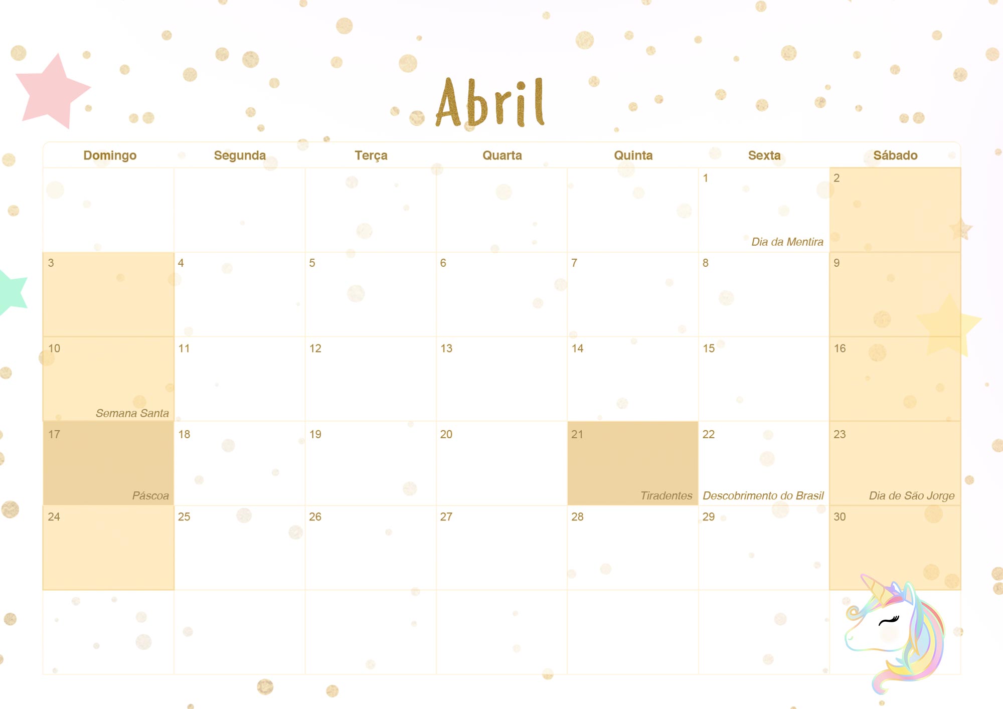 Calendario Mensal 2022 Unicornio Dourado Abril