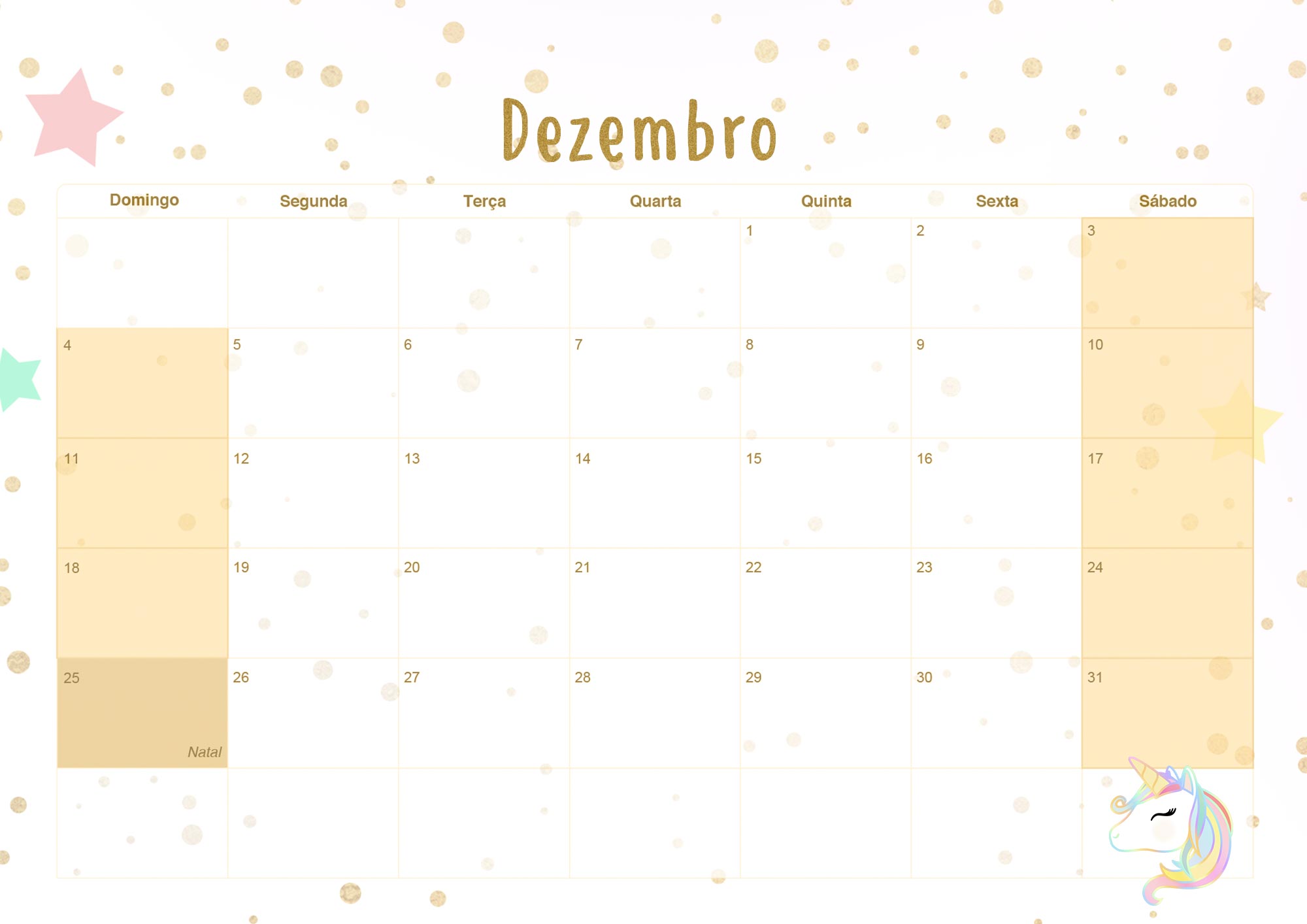 Calendario Mensal 2022 Unicornio Dourado Dezembro