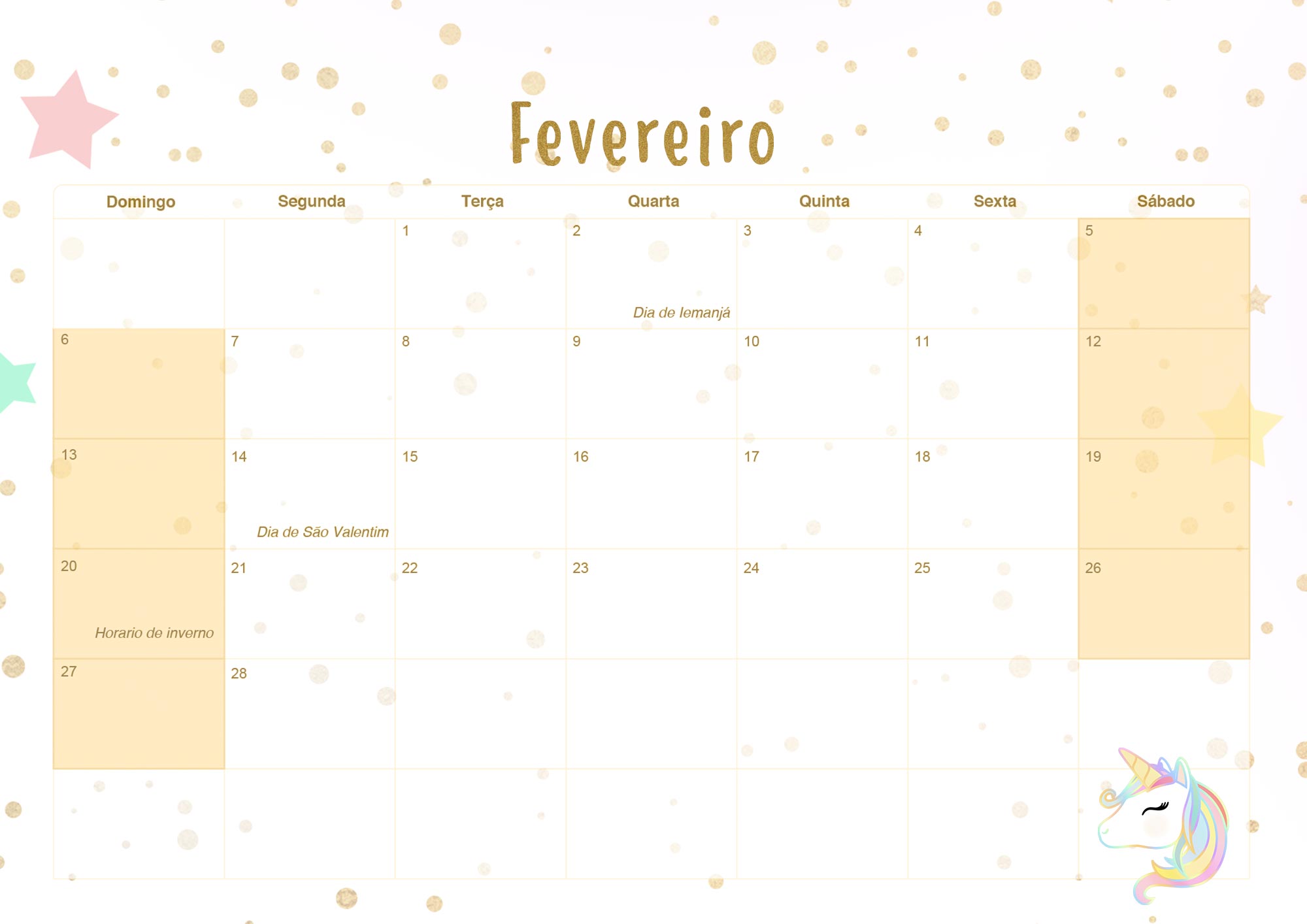 Calendario Mensal 2022 Unicornio Dourado Fevereiro