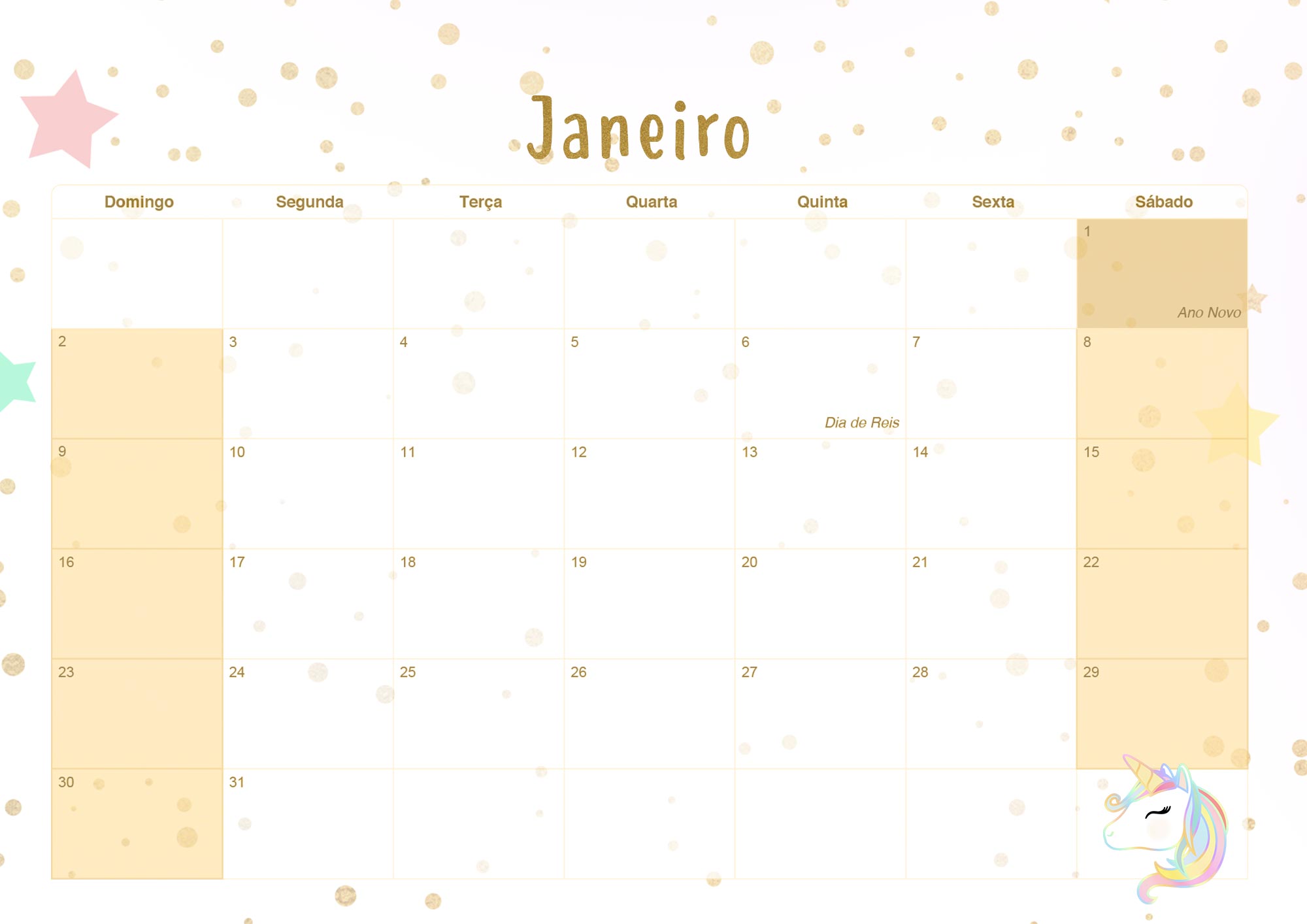 Calendario Mensal 2022 Unicornio Dourado Janeiro