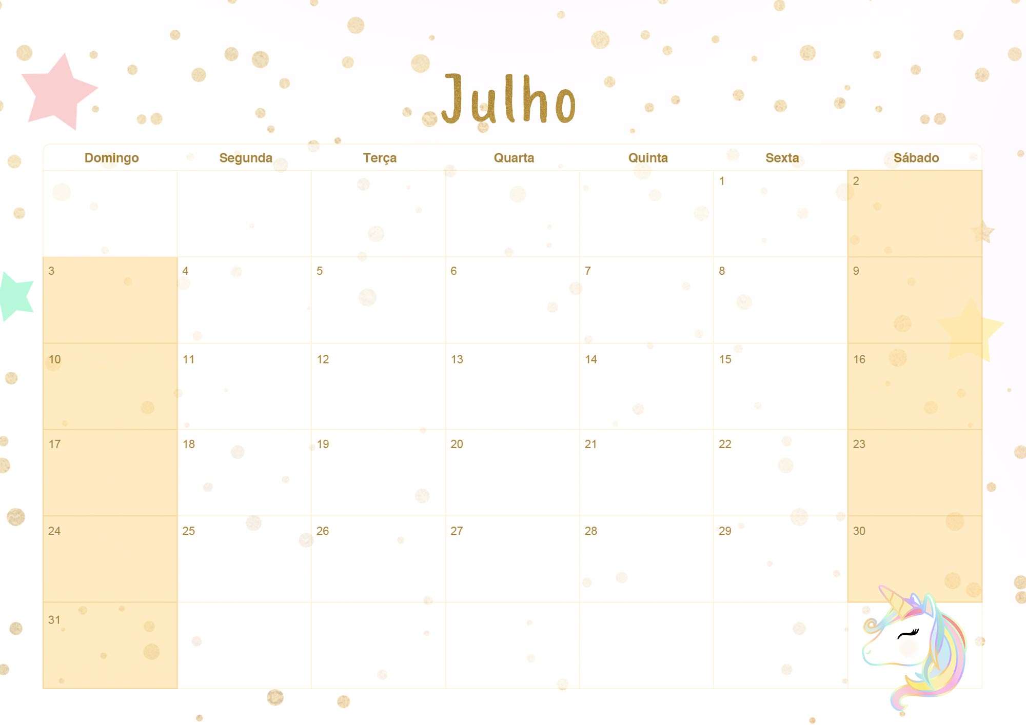 Calendario Mensal 2022 Unicornio Dourado Julho