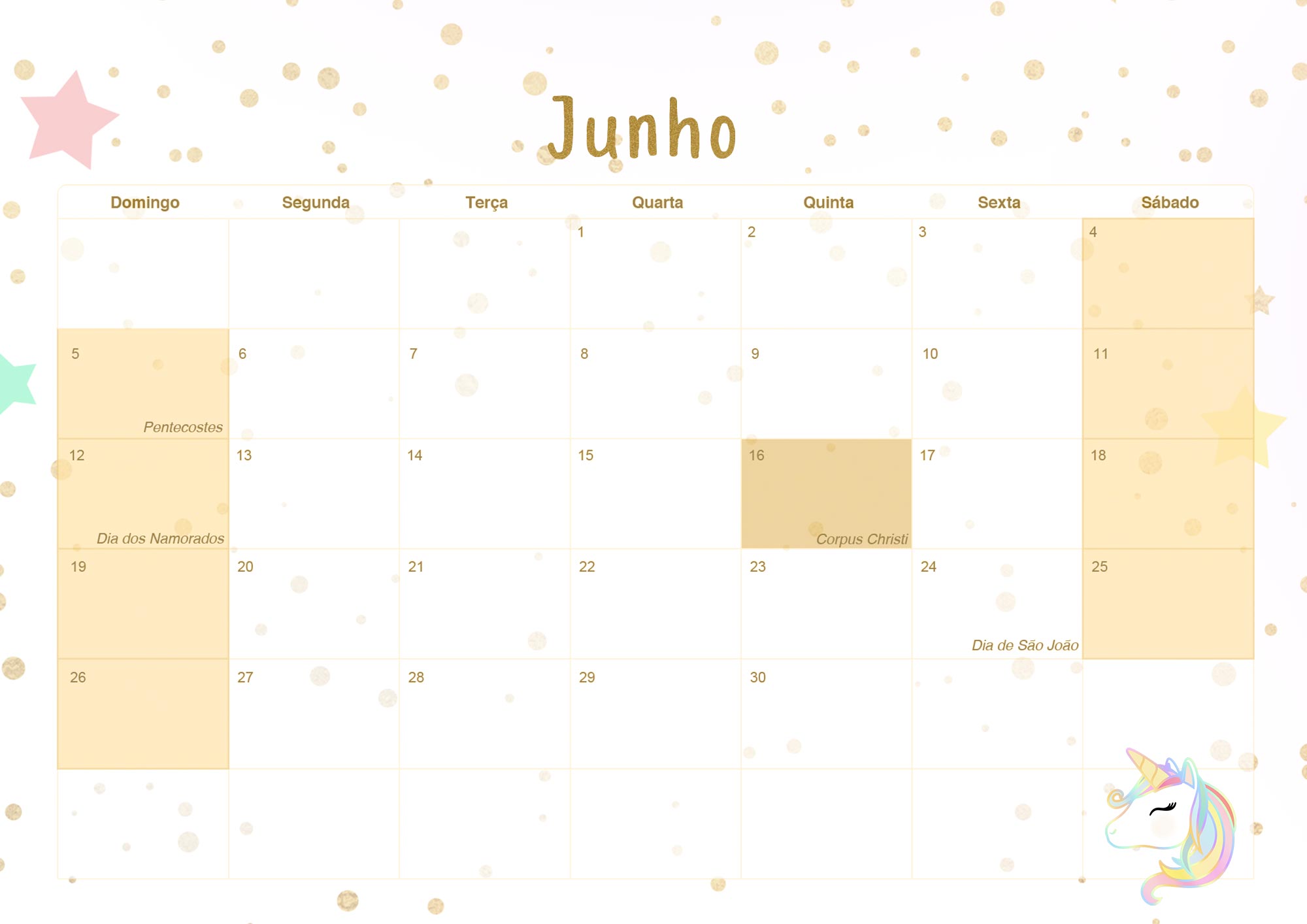 Calendario Mensal 2022 Unicornio Dourado Junho