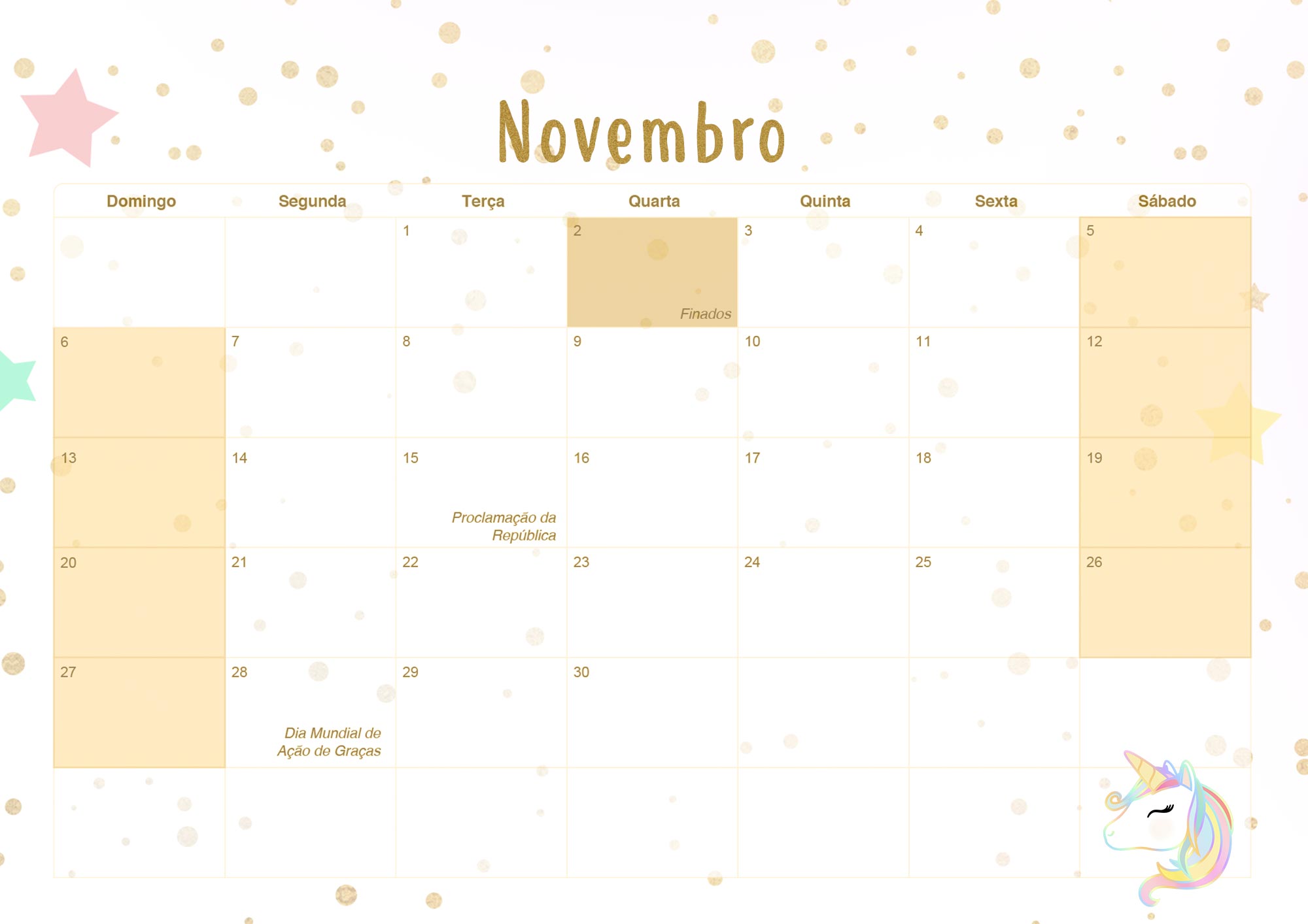 Calendario Mensal 2022 Unicornio Dourado Novembro
