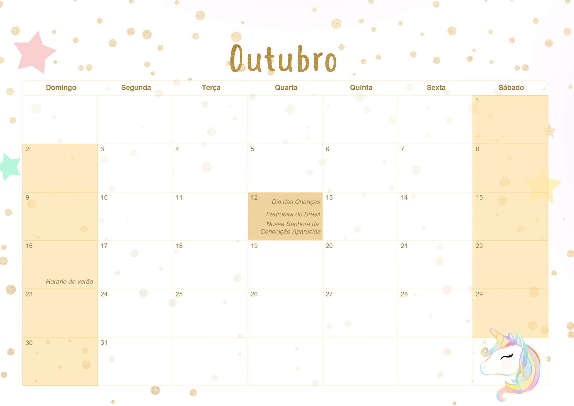Calendario Mensal 2022 Unicornio Dourado Outubro