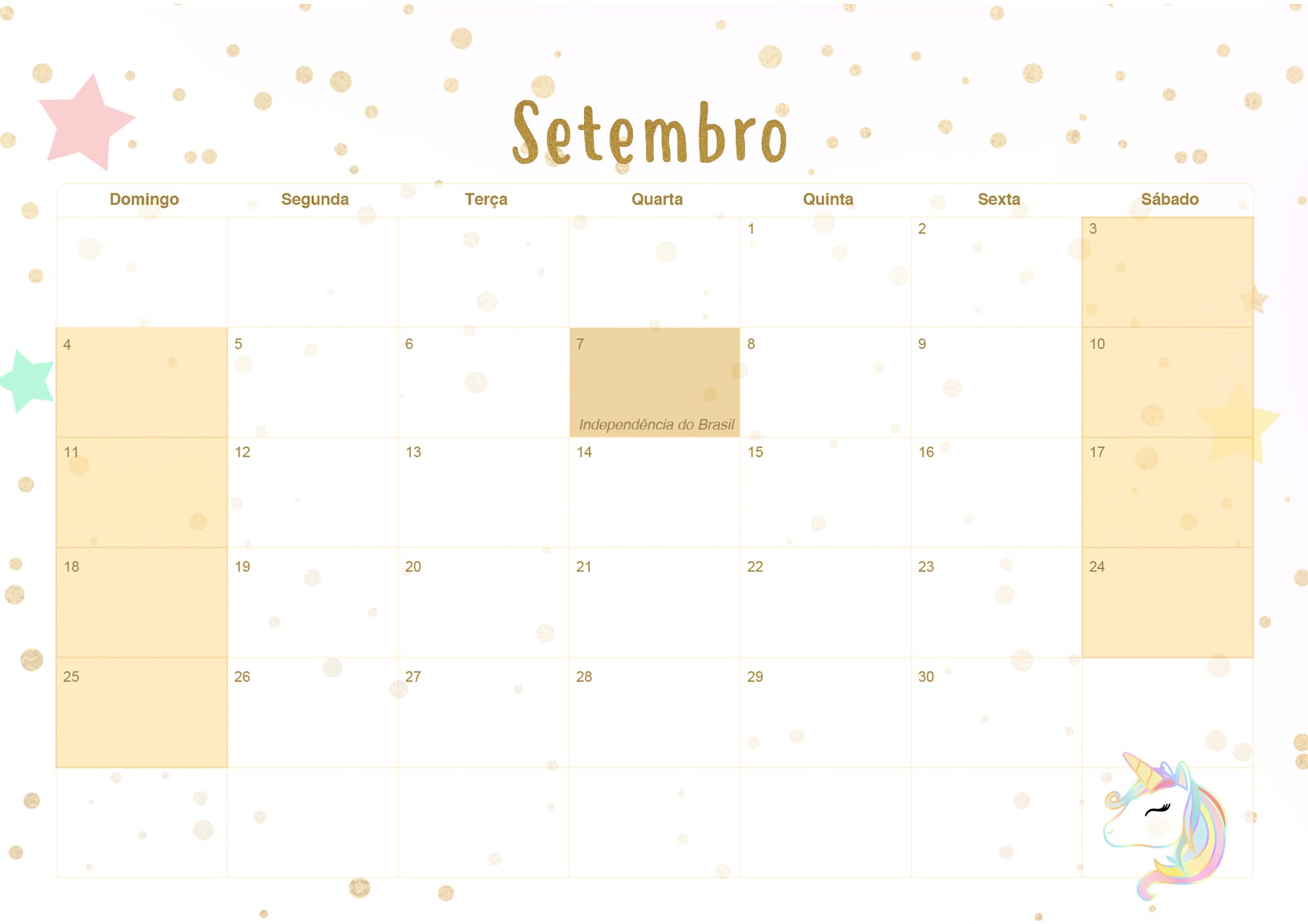 Calendario Mensal 2022 Unicornio Dourado Setembro