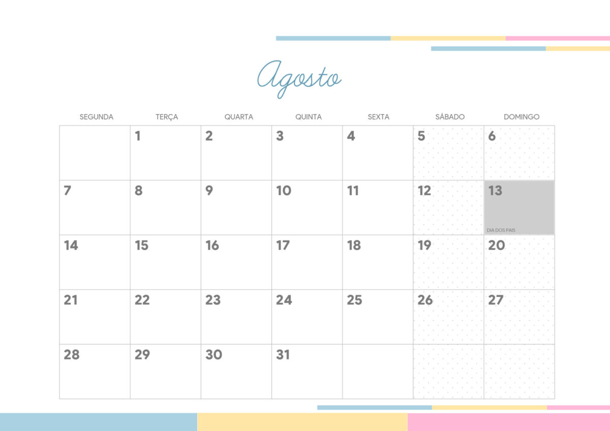 Calendario Mensal 2023 Candy Colors Agosto - Fazendo a Nossa Festa