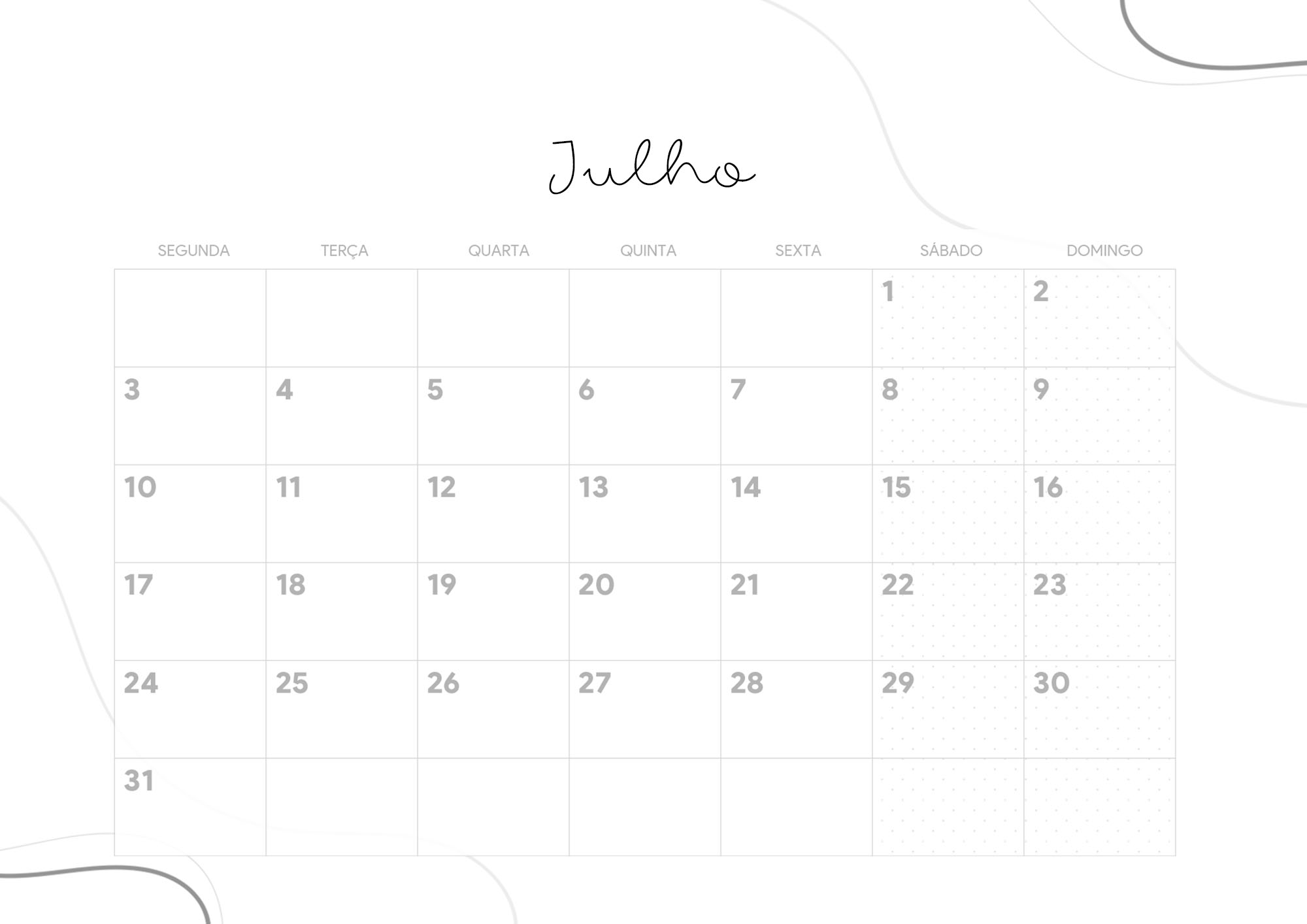 Calendario Mensal 2023 Lettering Julho - Fazendo a Nossa Festa