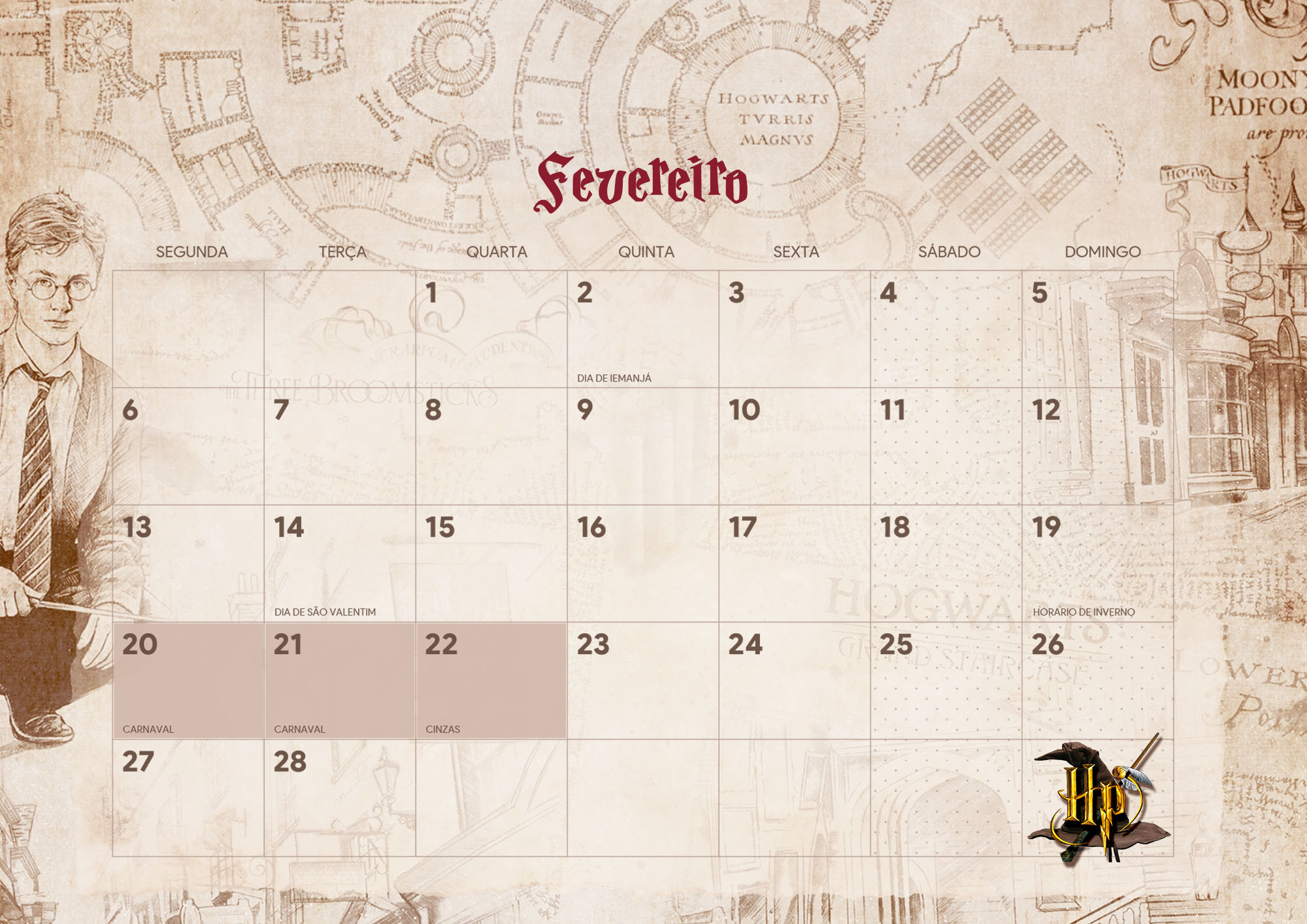Calendario Mensal Harry Potter Fevereiro Fazendo a Nossa Festa