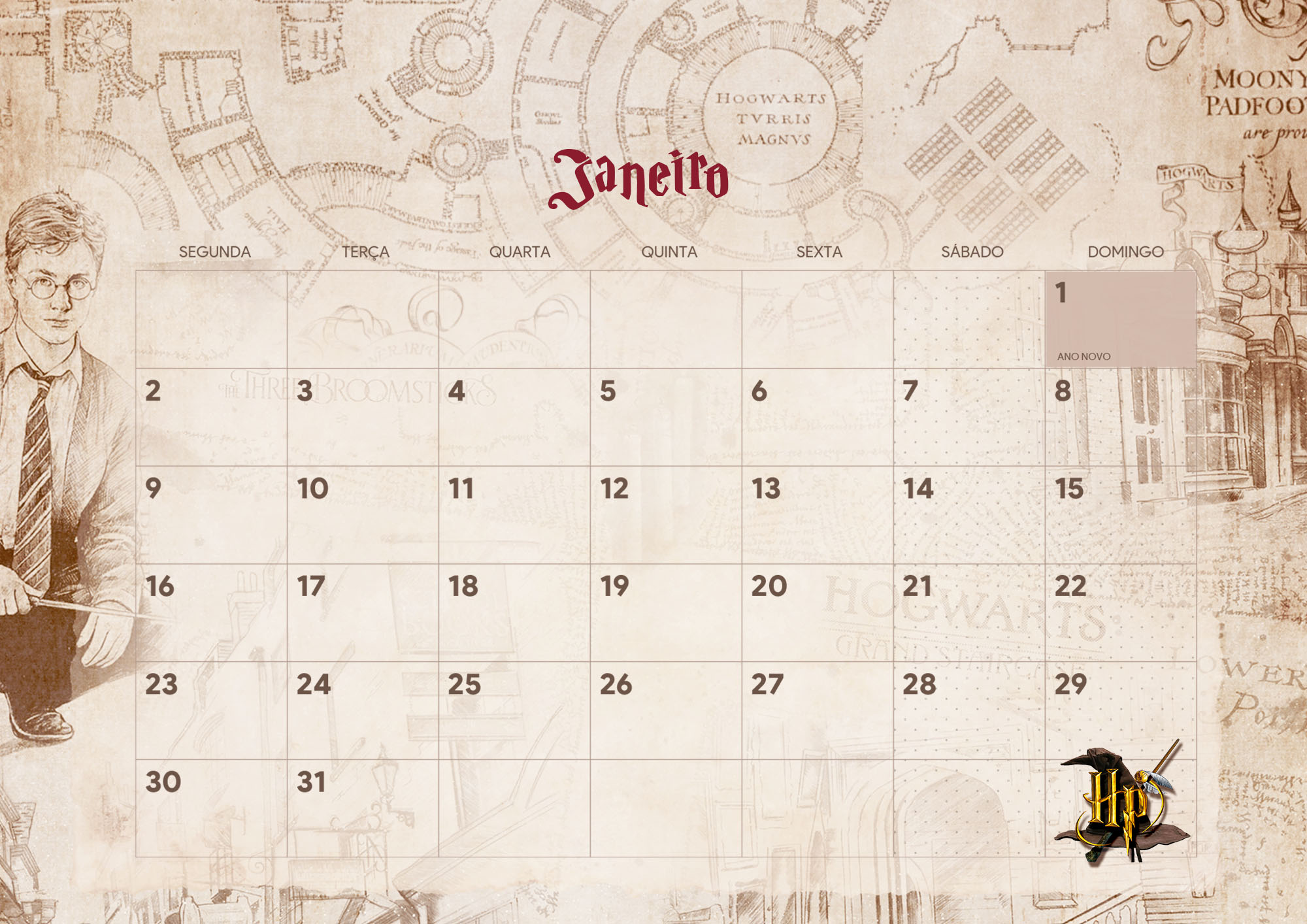 Calendario Mensal Harry Potter Janeiro Fazendo a Nossa Festa