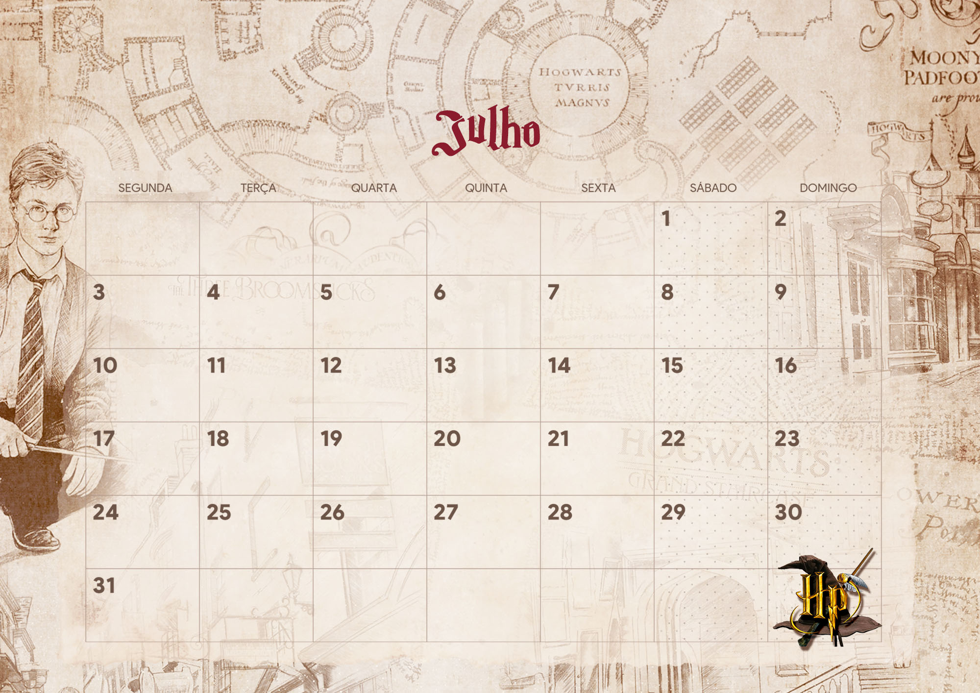 Calendario Mensal Harry Potter Julho Fazendo A Nossa Festa