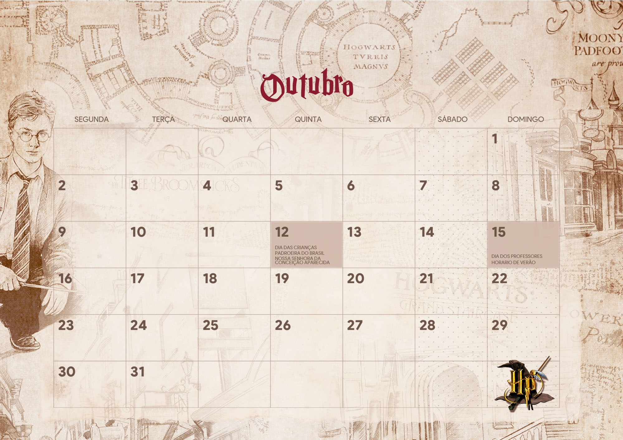 Calendario Mensal Harry Potter Outubro Fazendo a Nossa Festa