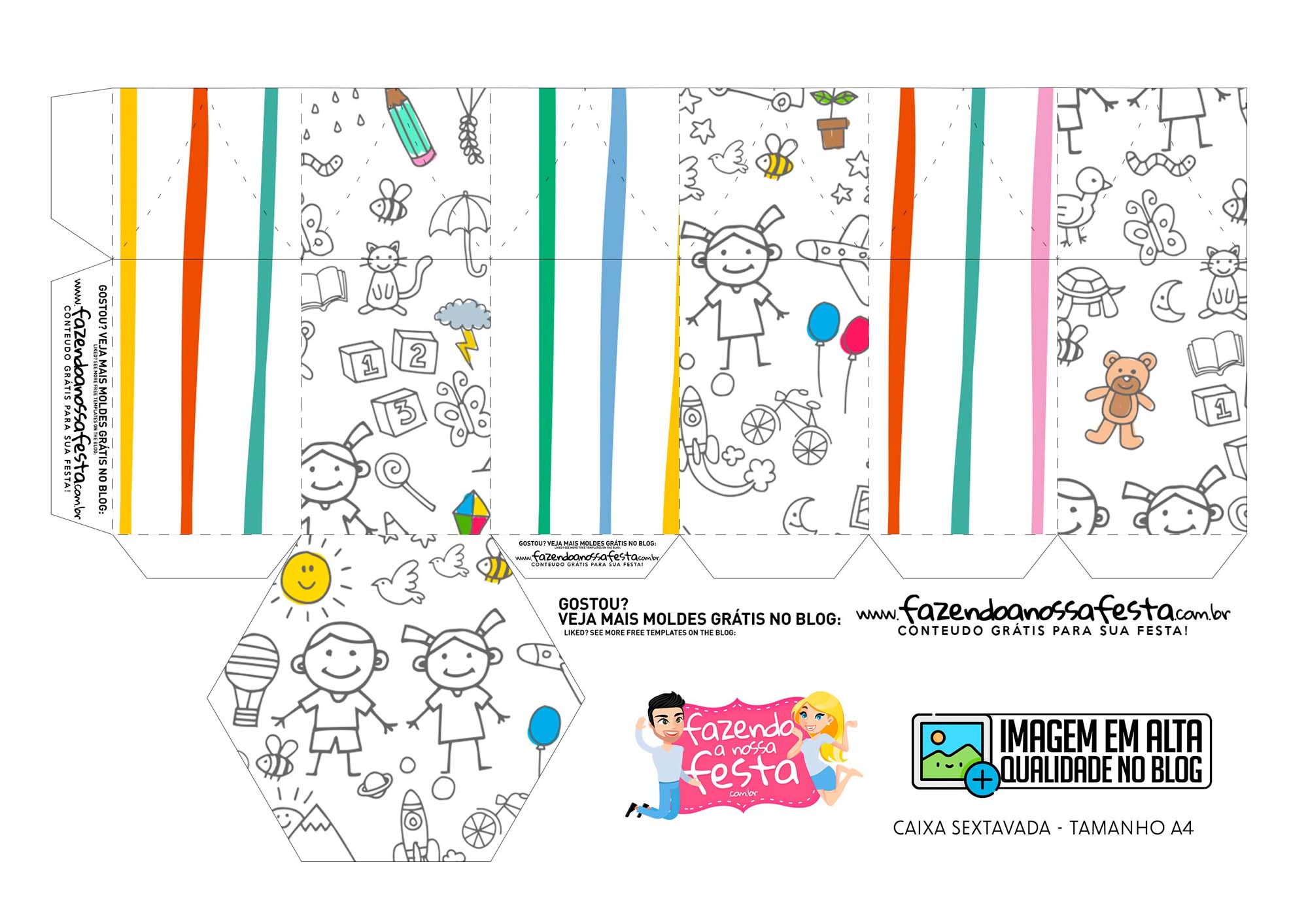 Caixa Sextavada Dia das Criancas para colorir