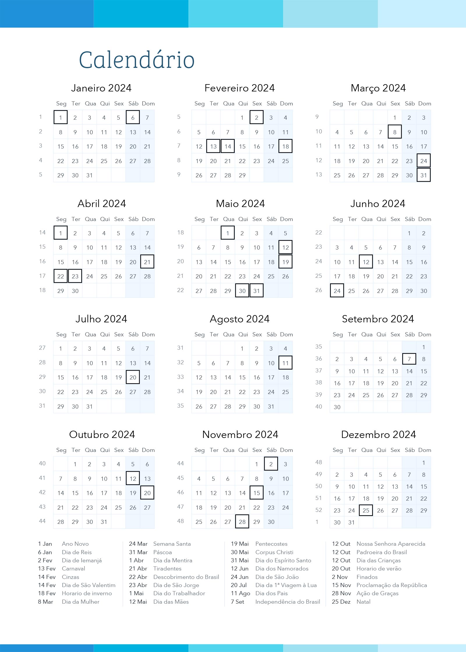 Planner Colorido Azul Calendario 2024