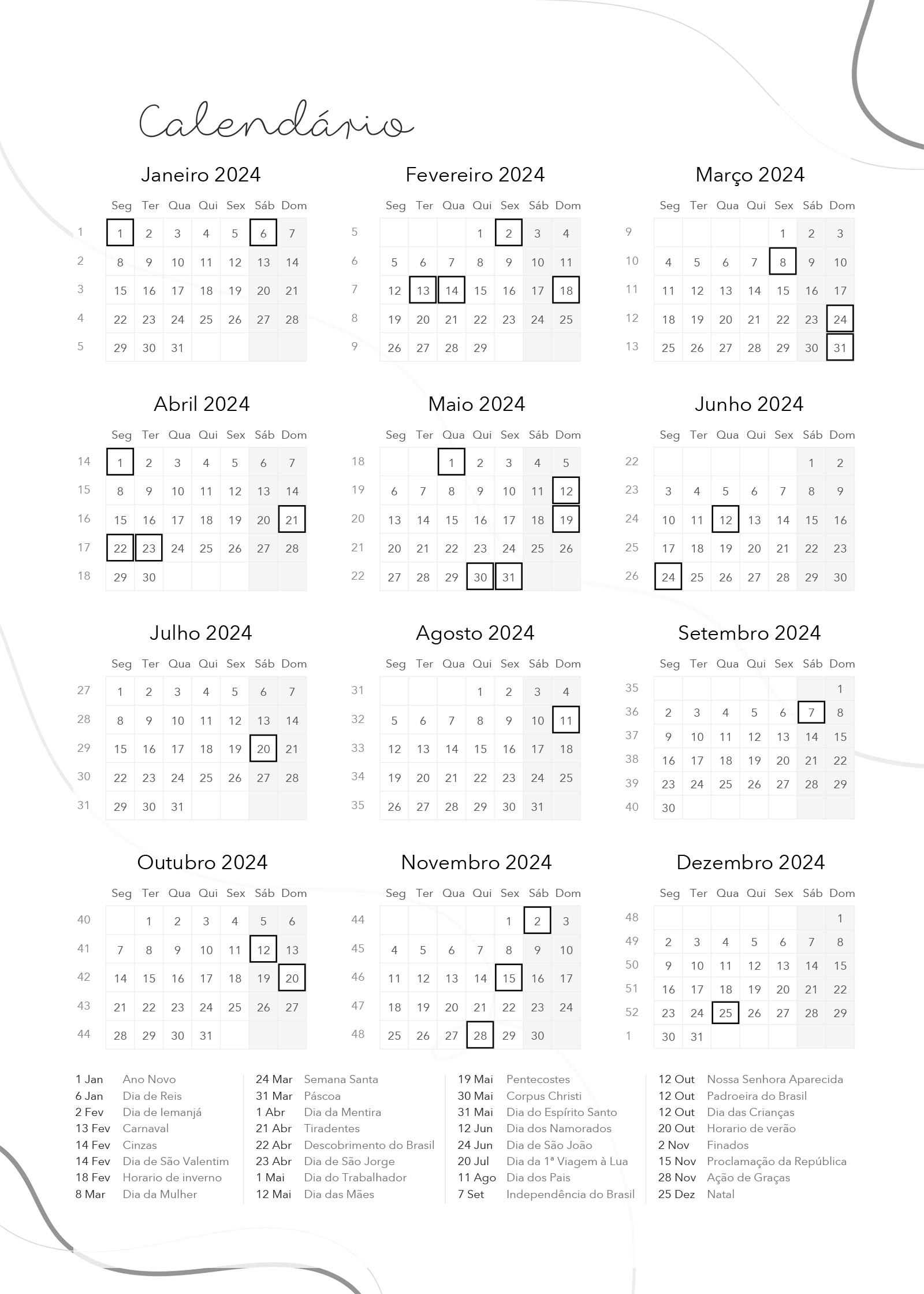 Planner Lettering Calendario 2024