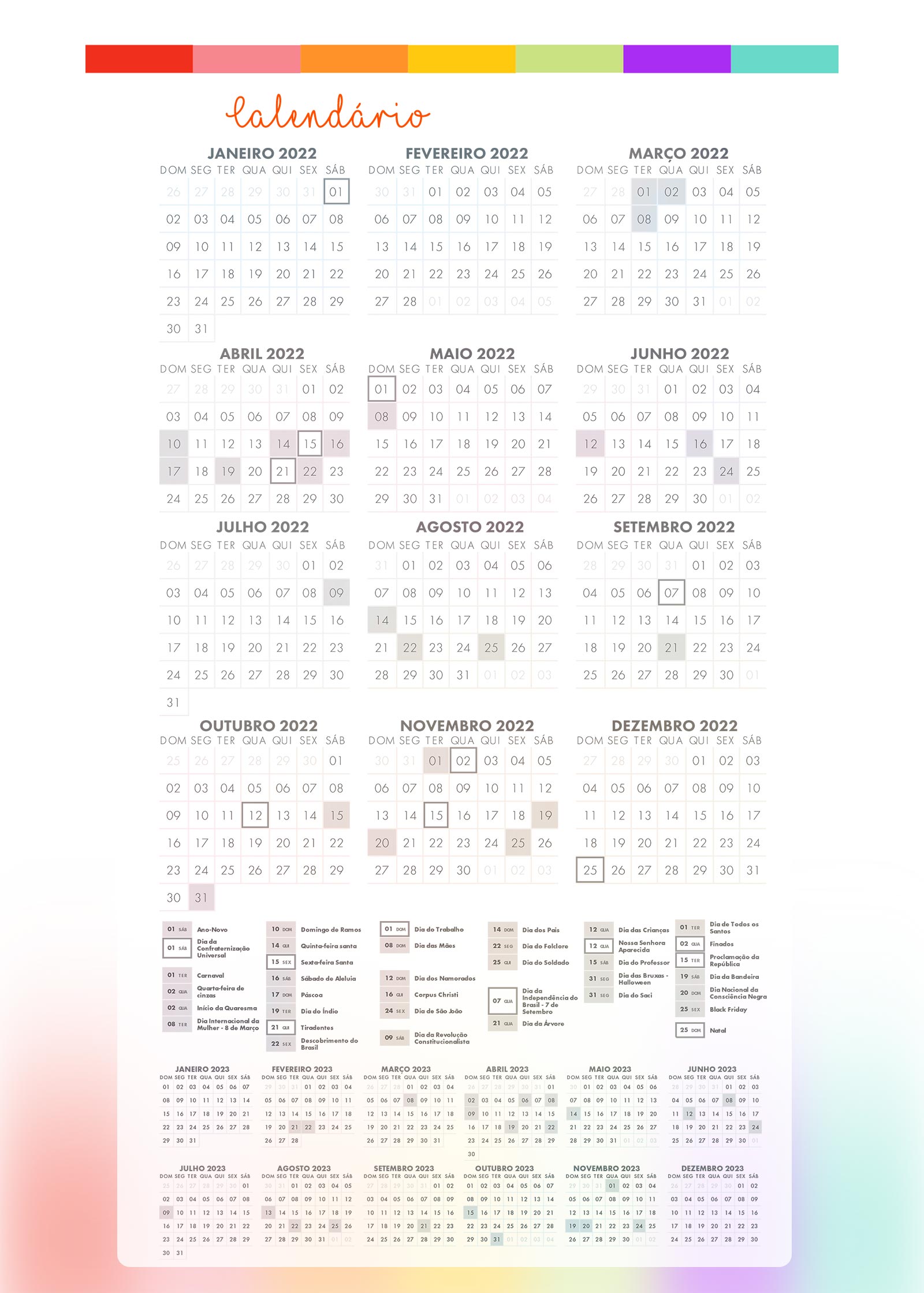 Planner Listras Coloridas Calendario 2022