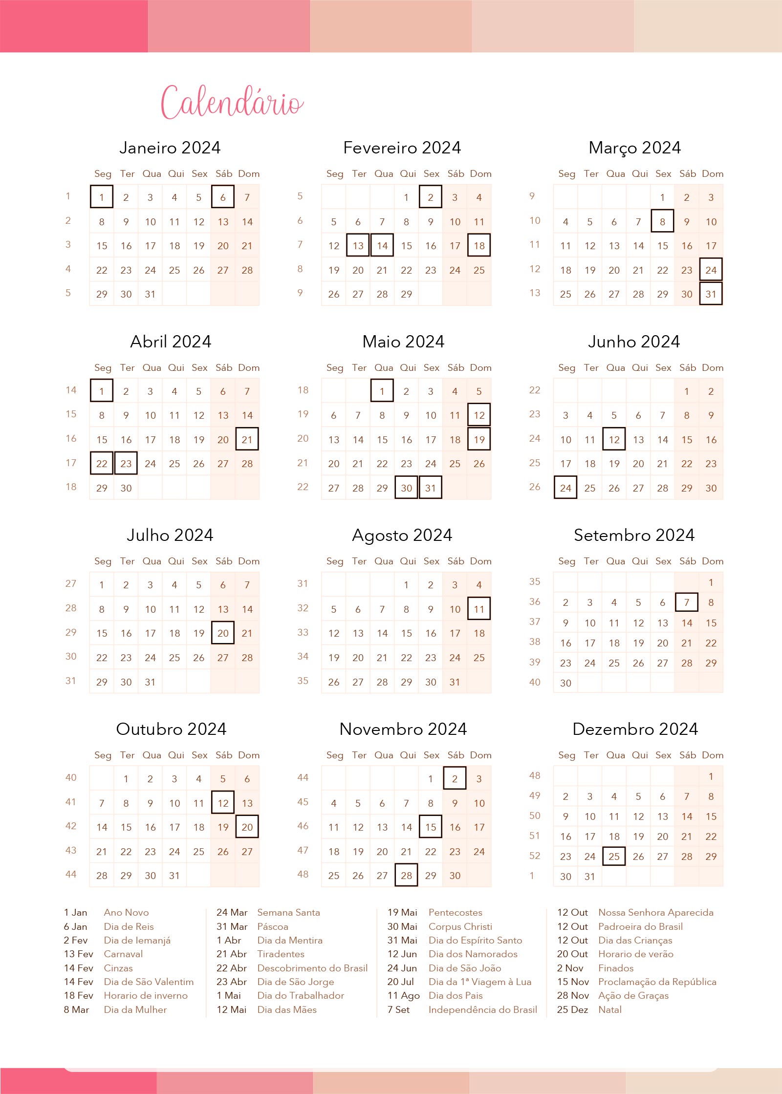 Planner Listras Rosa e Salmao Calendario 2024