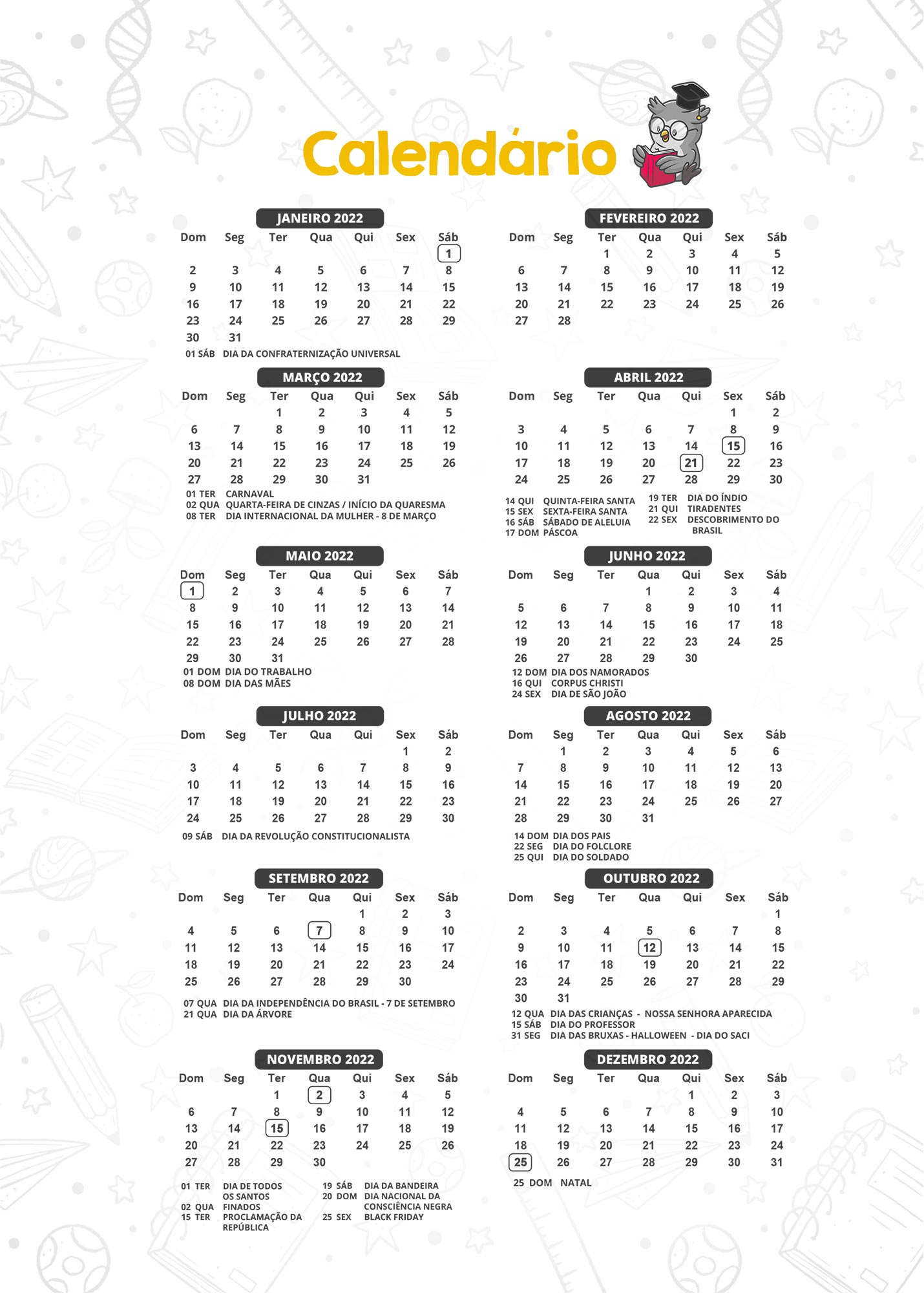 Planner Professor Coruja Calendario Professor