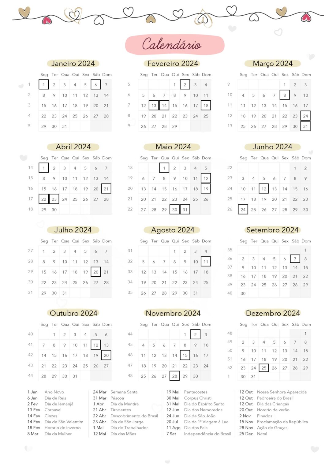 Planner Coracoes Calendario 2024 Fazendo a Nossa Festa