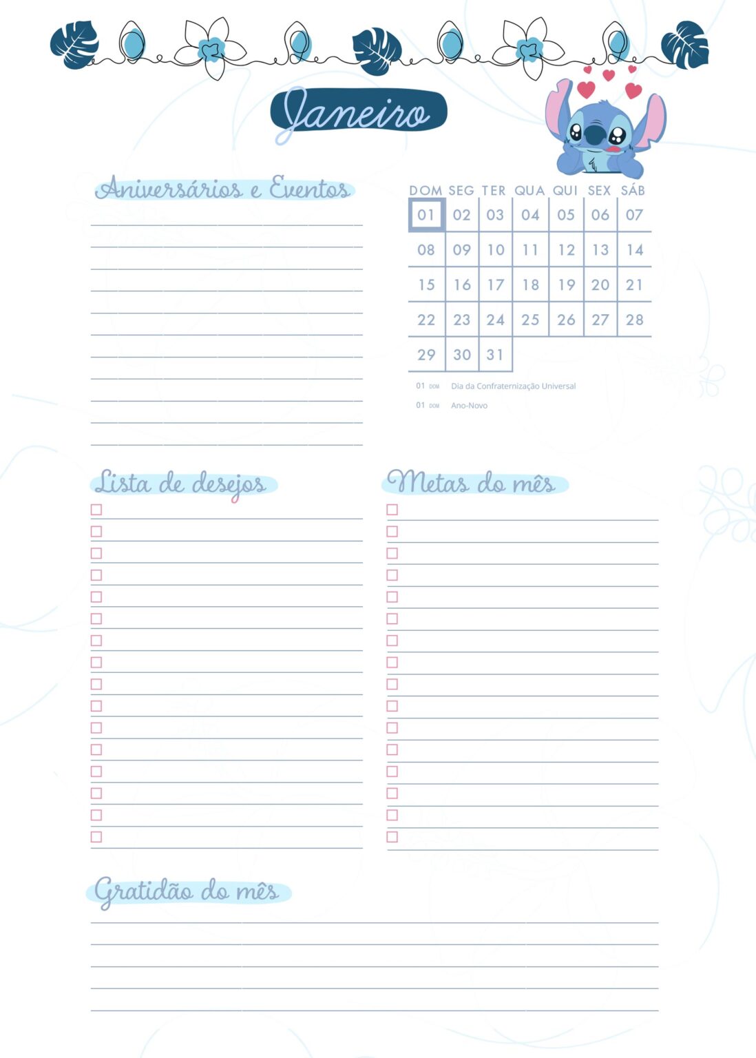 Planner Stitch Agenda Janeiro - Fazendo A Nossa Festa