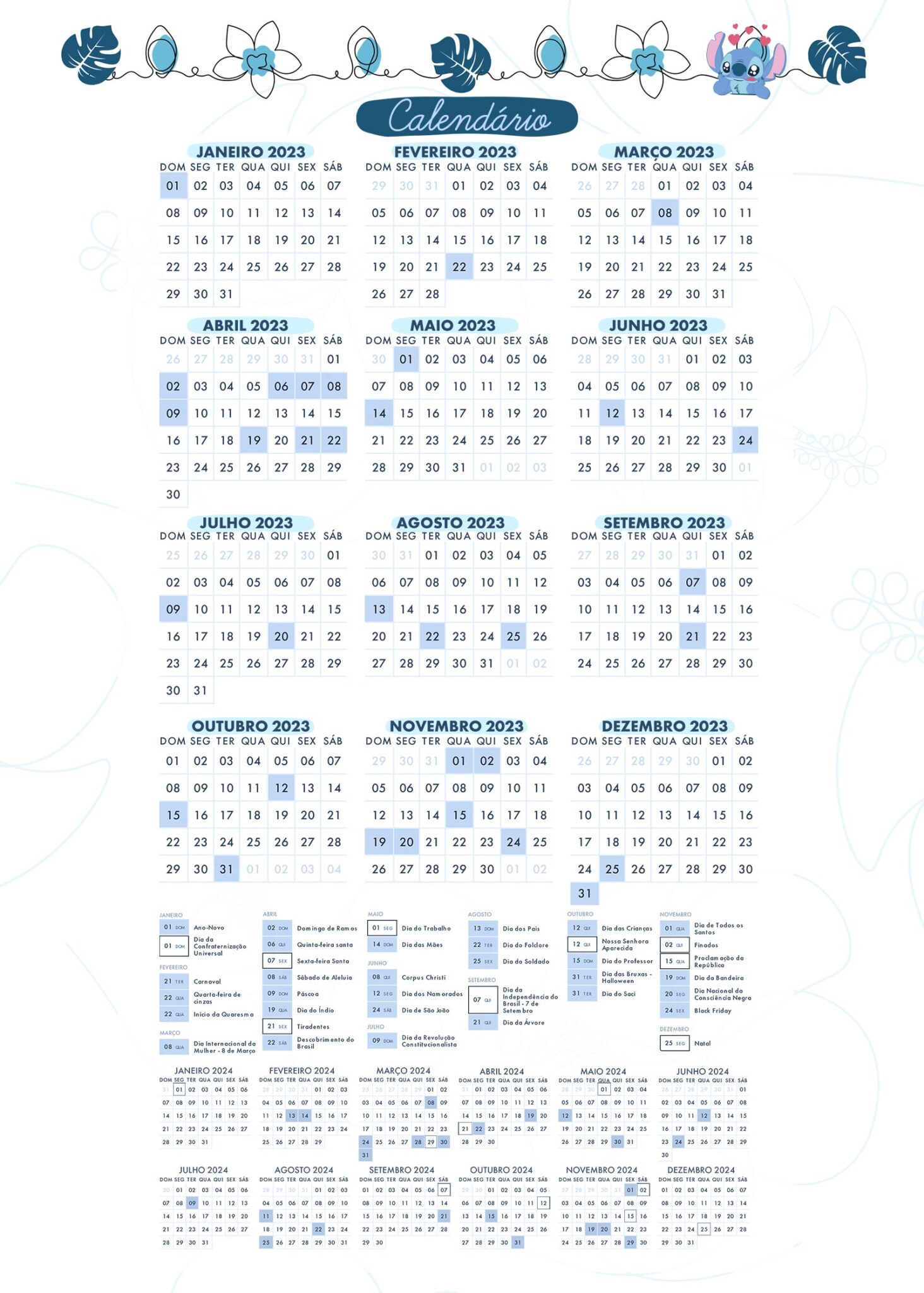 Planner Stitch Calendario 2023 Fazendo a Nossa Festa