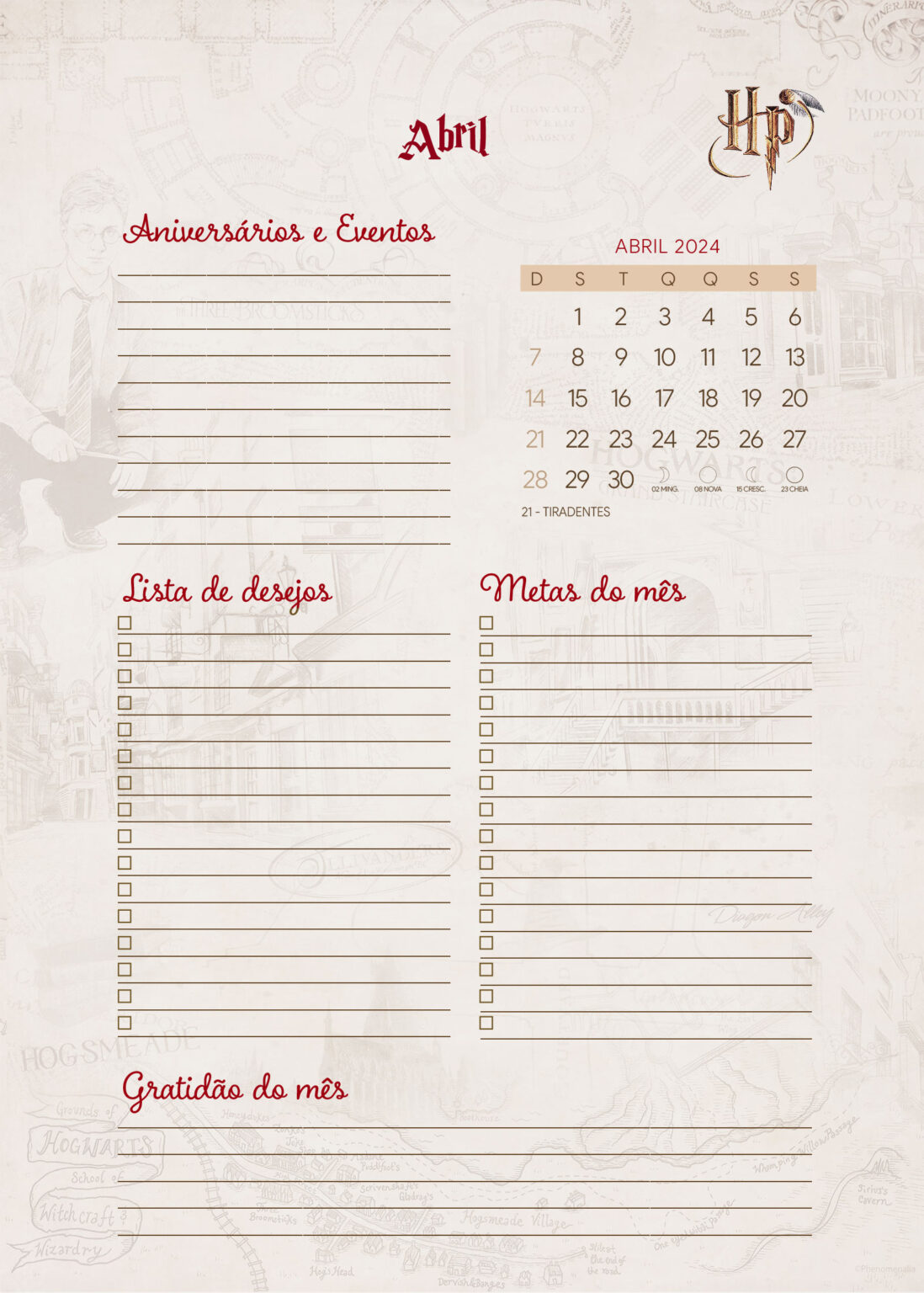 Agenda Abril Planner 2024 Harry Potter Fazendo a Nossa Festa