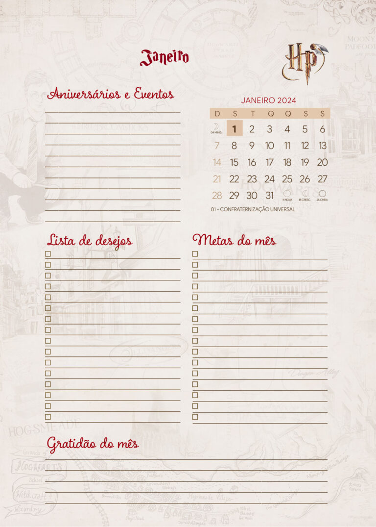 Agenda Janeiro Planner 2024 Harry Potter Fazendo a Nossa Festa